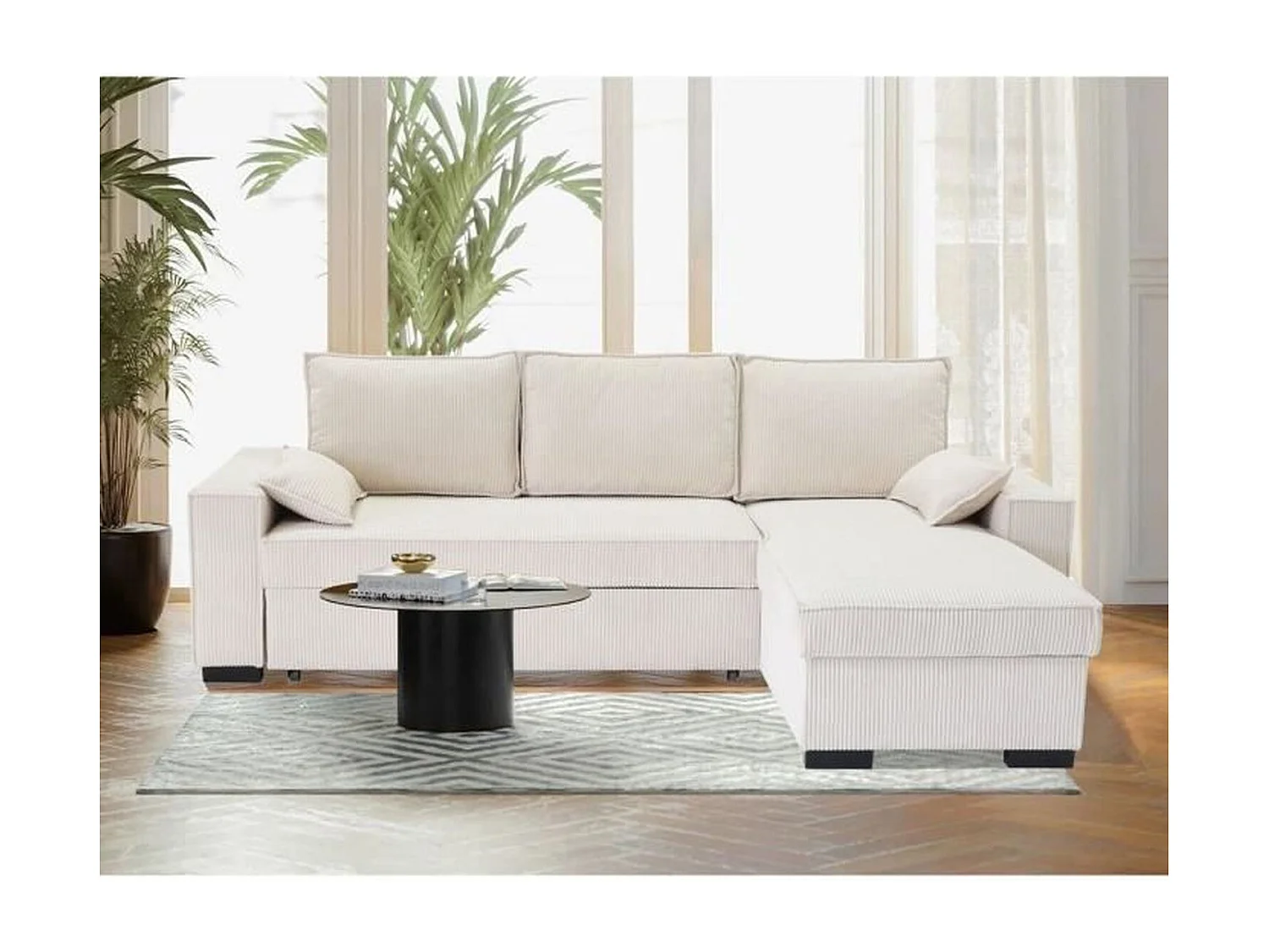 Canapé d'angle convertible réversible MARLON - Méridienne avec coffre - Velours côtelé 240 x 143 x 85 cm