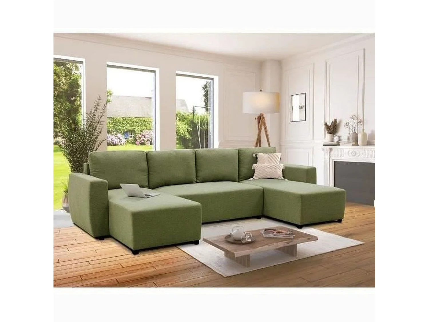 Canapé d'angle convertible panoramique PHAREL5/6 places - Tissu olive - Coffre de rangement - 297 x 155 x 85 cm