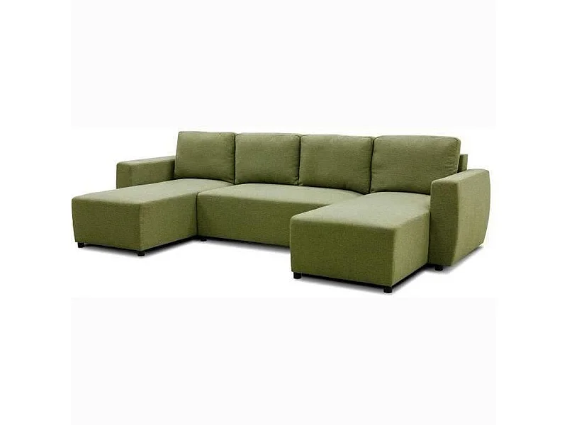 Canapé d'angle convertible panoramique PHAREL5/6 places - Tissu olive - Coffre de rangement - 297 x 155 x 85 cm