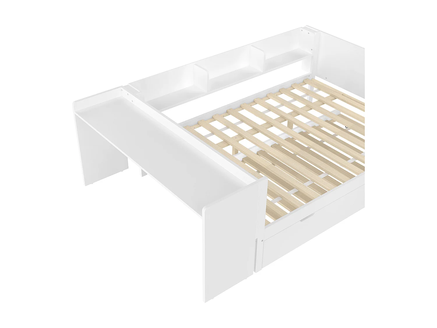 Lit gigogne 140x200 cm avec sommier - bureau et 3 étagères - pin - blanc (sans matelas)