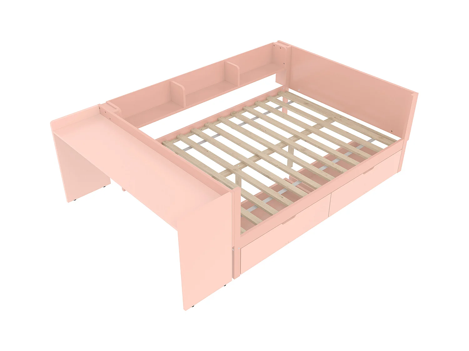 Lit adulte 140x200 cm avec bureau - 3 étagères - 2 tiroirs - bois - rose (sans matelas)