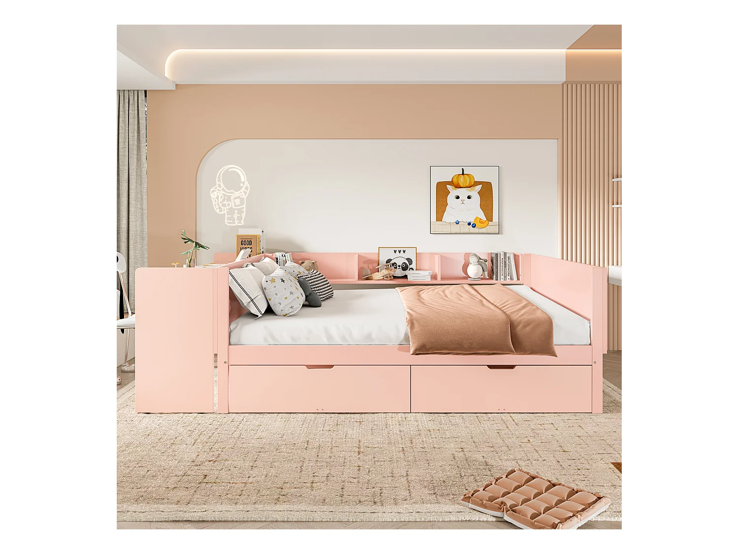 Lit adulte 140x200 cm avec bureau - 3 étagères - 2 tiroirs - bois - rose (sans matelas)