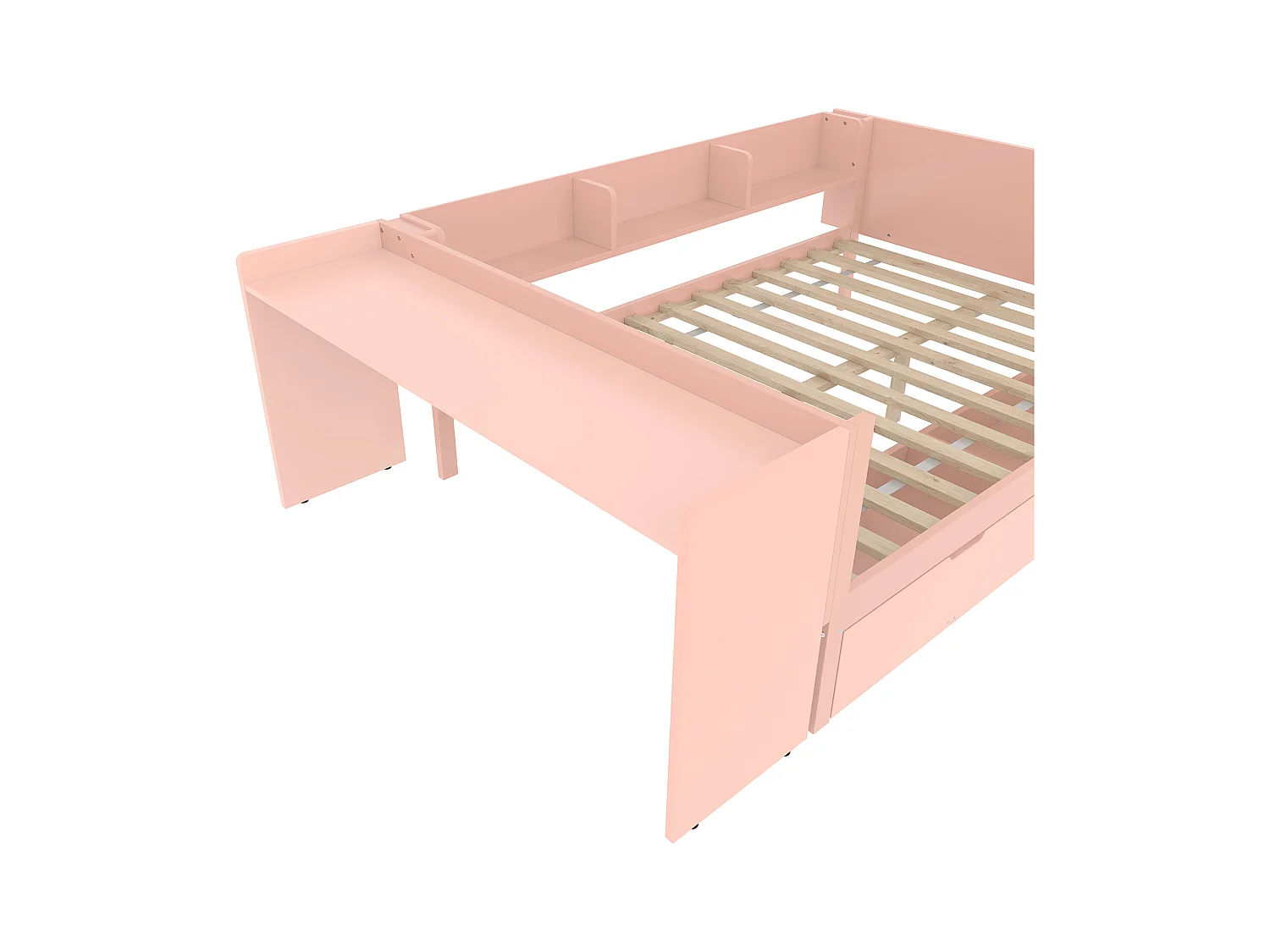 Lit adulte 140x200 cm avec bureau - 3 étagères - 2 tiroirs - bois - rose (sans matelas)
