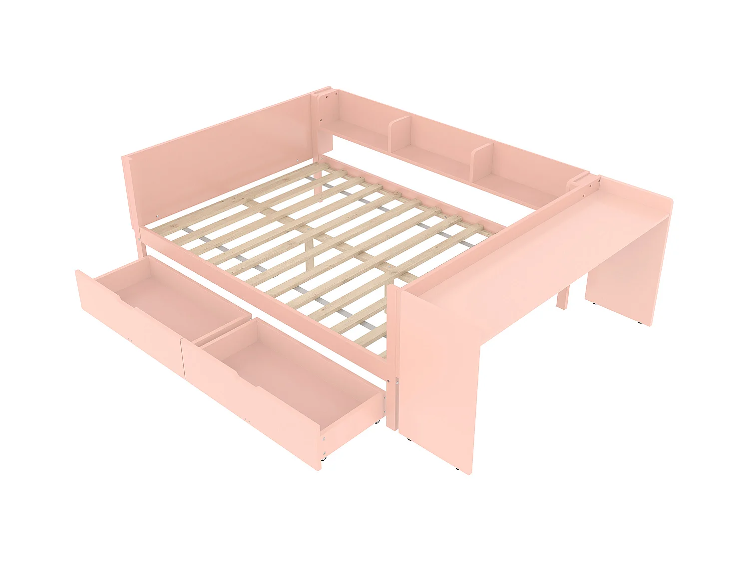 Lit adulte 140x200 cm avec bureau - 3 étagères - 2 tiroirs - bois - rose (sans matelas)