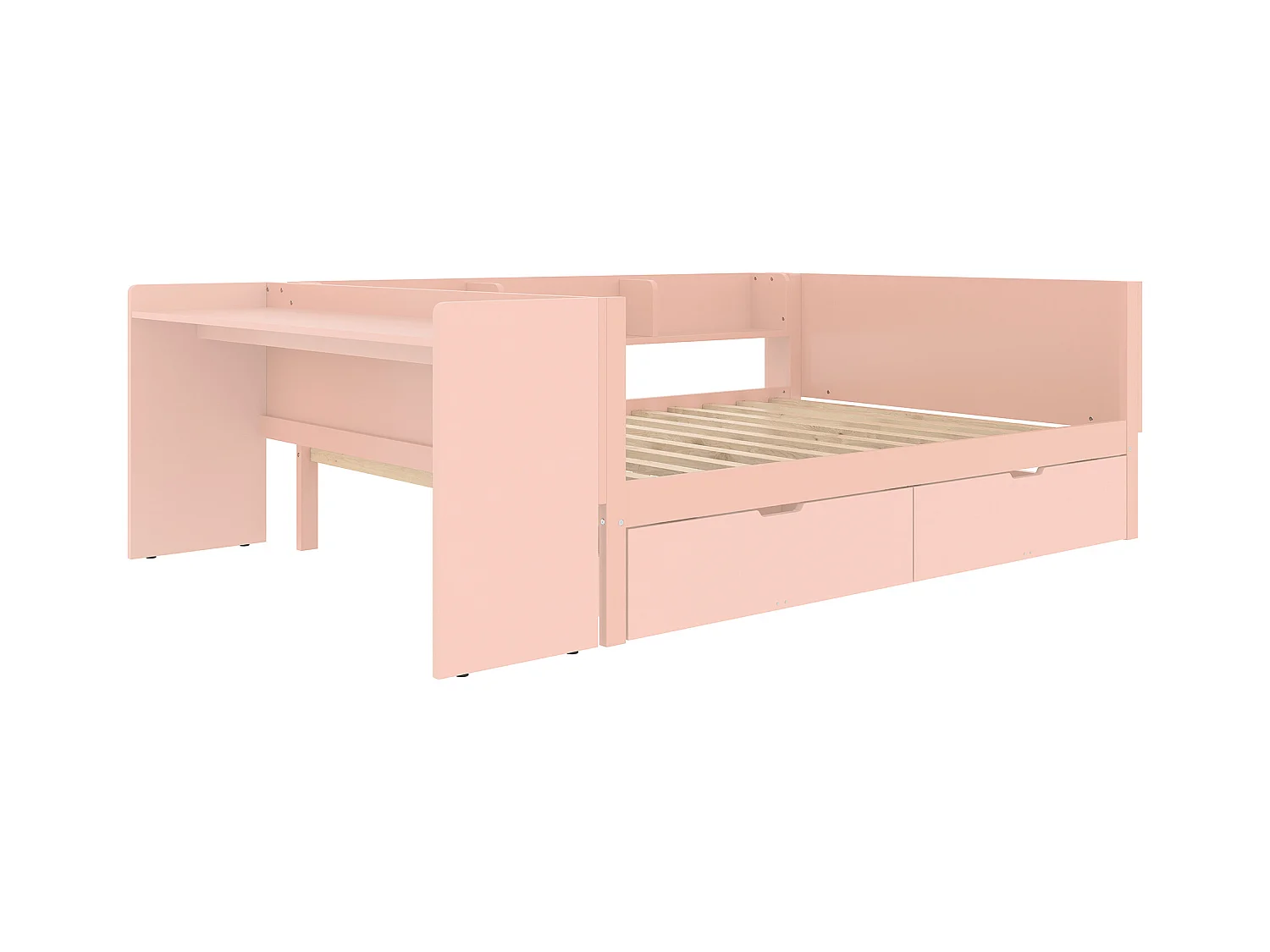 Lit adulte 140x200 cm avec bureau - 3 étagères - 2 tiroirs - bois - rose (sans matelas)