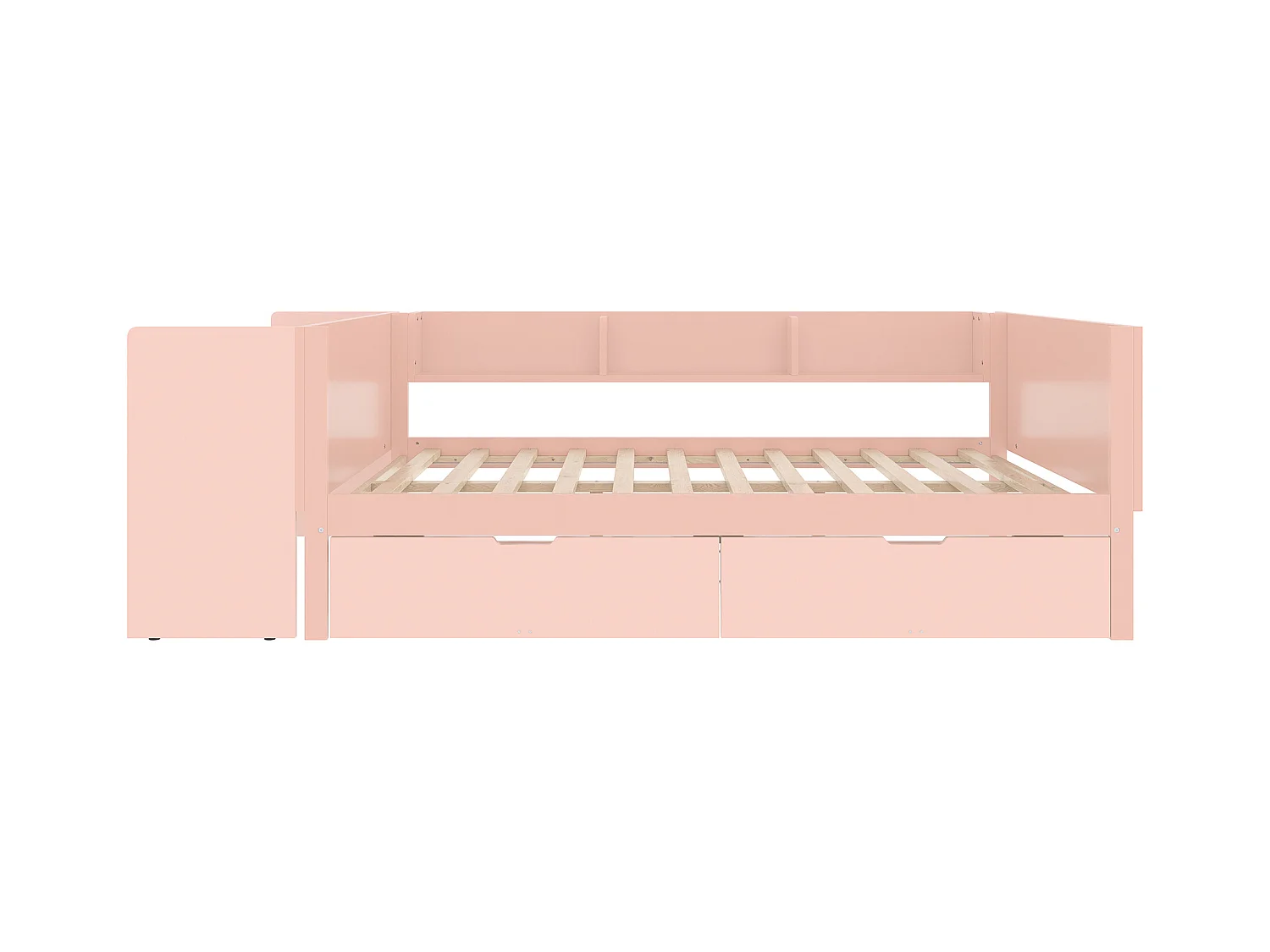 Lit adulte 140x200 cm avec bureau - 3 étagères - 2 tiroirs - bois - rose (sans matelas)