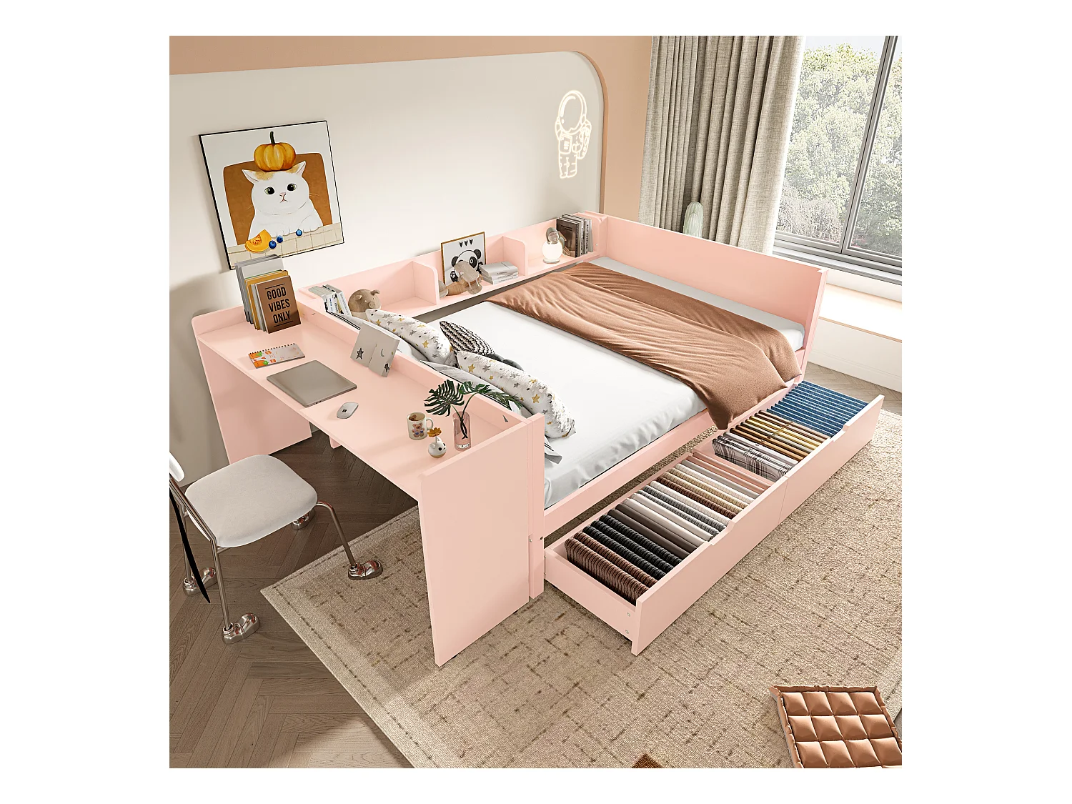 Lit adulte 140x200 cm avec bureau - 3 étagères - 2 tiroirs - bois - rose (sans matelas)