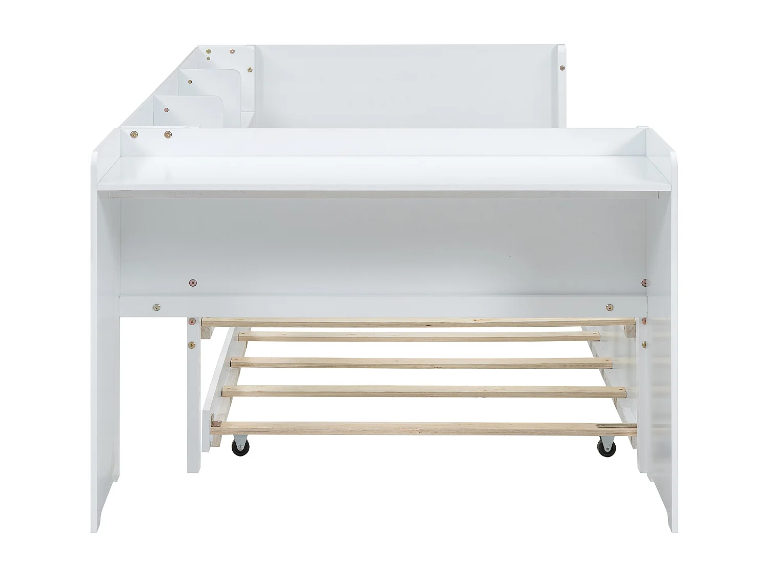 Lit gigogne 90x200 cm avec bureau - 3 étagères - Pin- blanc (sans matelas)