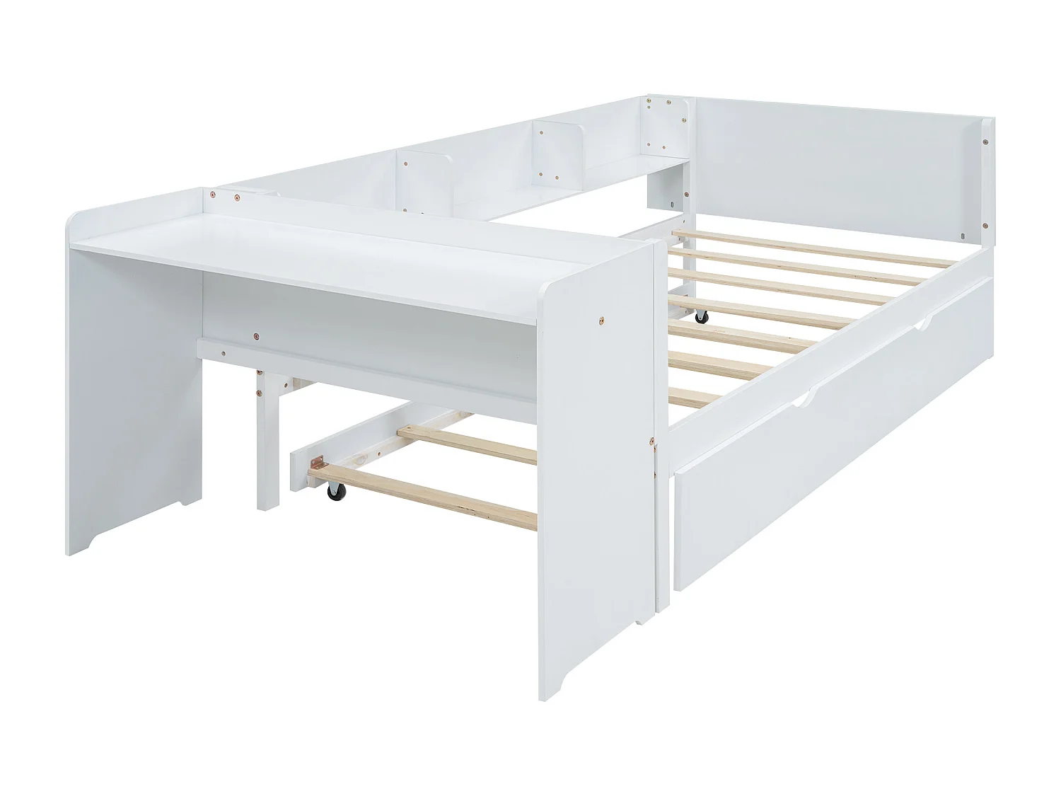 Lit gigogne 90x200 cm avec bureau - 3 étagères - Pin- blanc (sans matelas)