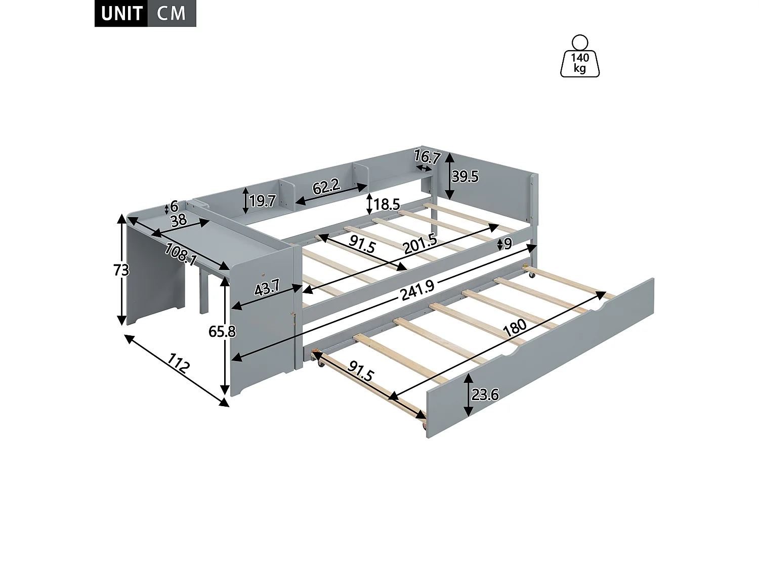 Lit gigogne 90 x 200 cm avec sommier bureau et 3 étagères pour enfant - Pin - gris (sans matelas)