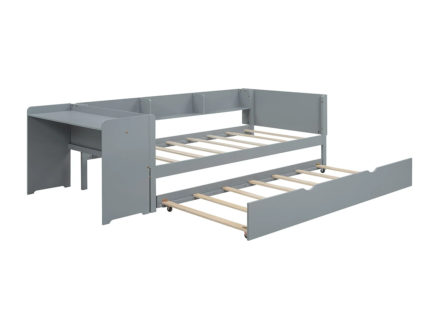 Lit gigogne 90 x 200 cm avec sommier bureau et 3 étagères pour enfant - Pin - gris (sans matelas)