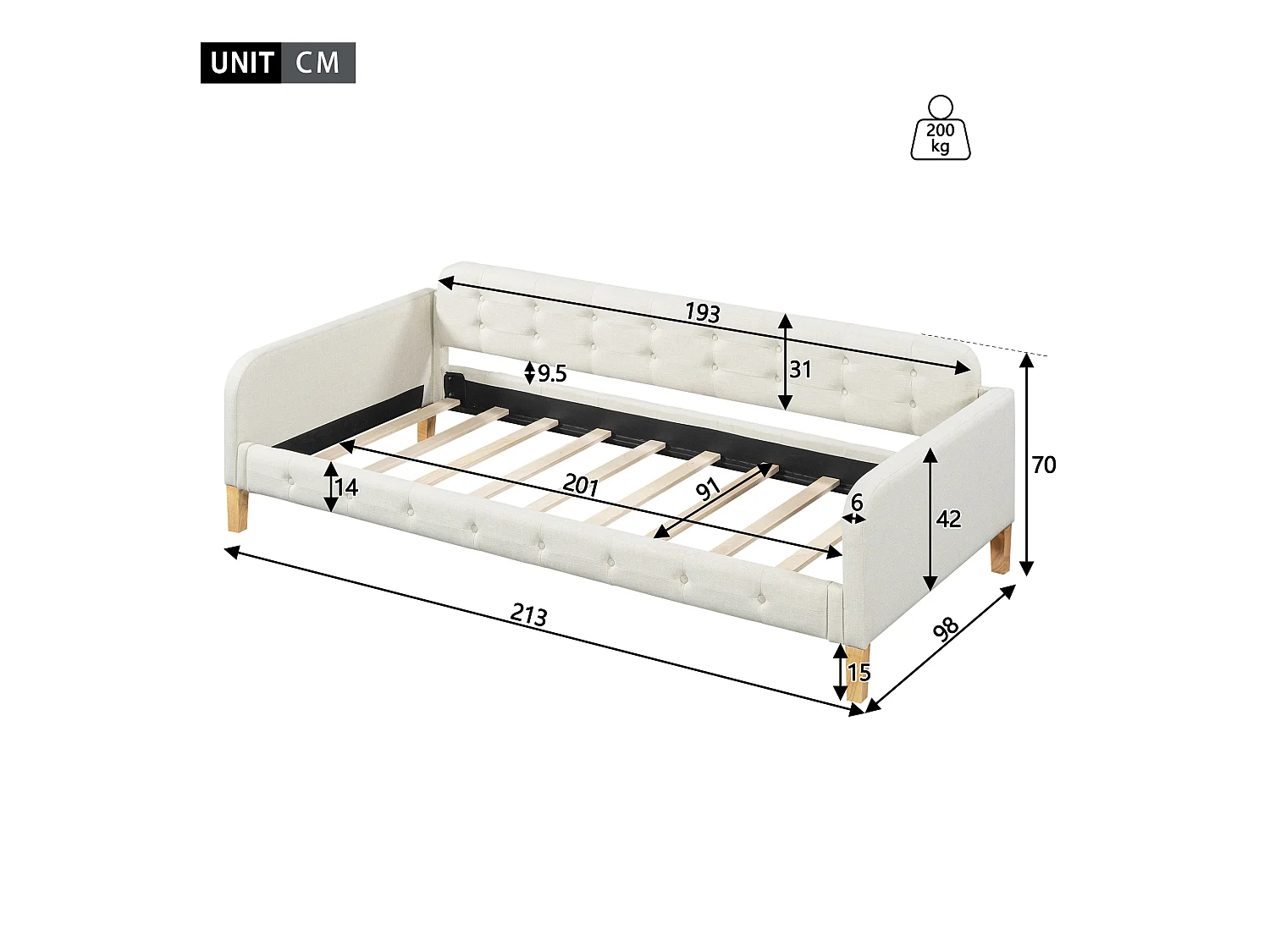Lit gigogne 90x200 cm avec sommier à lattes - pour enfant - lin - beige (sans matelas)
