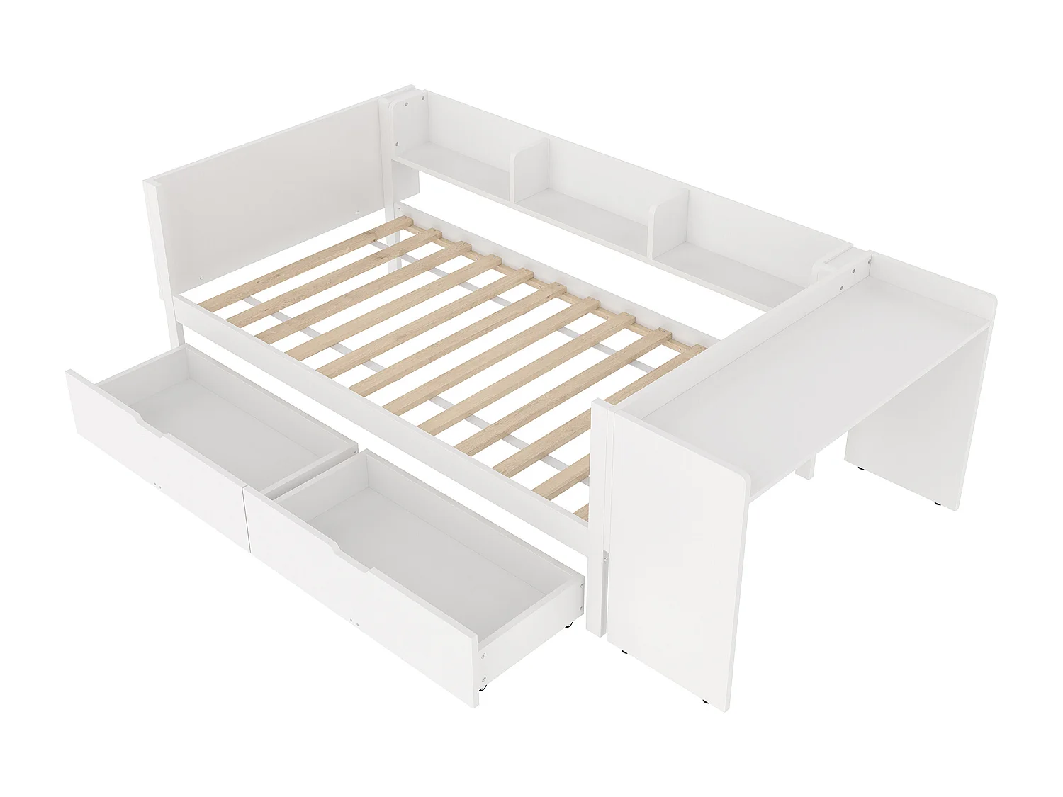 Cama individual infantil 90x200 cm con base - escritorio y 3 estantes 2 cajones - madera - blanco (sin colchón)