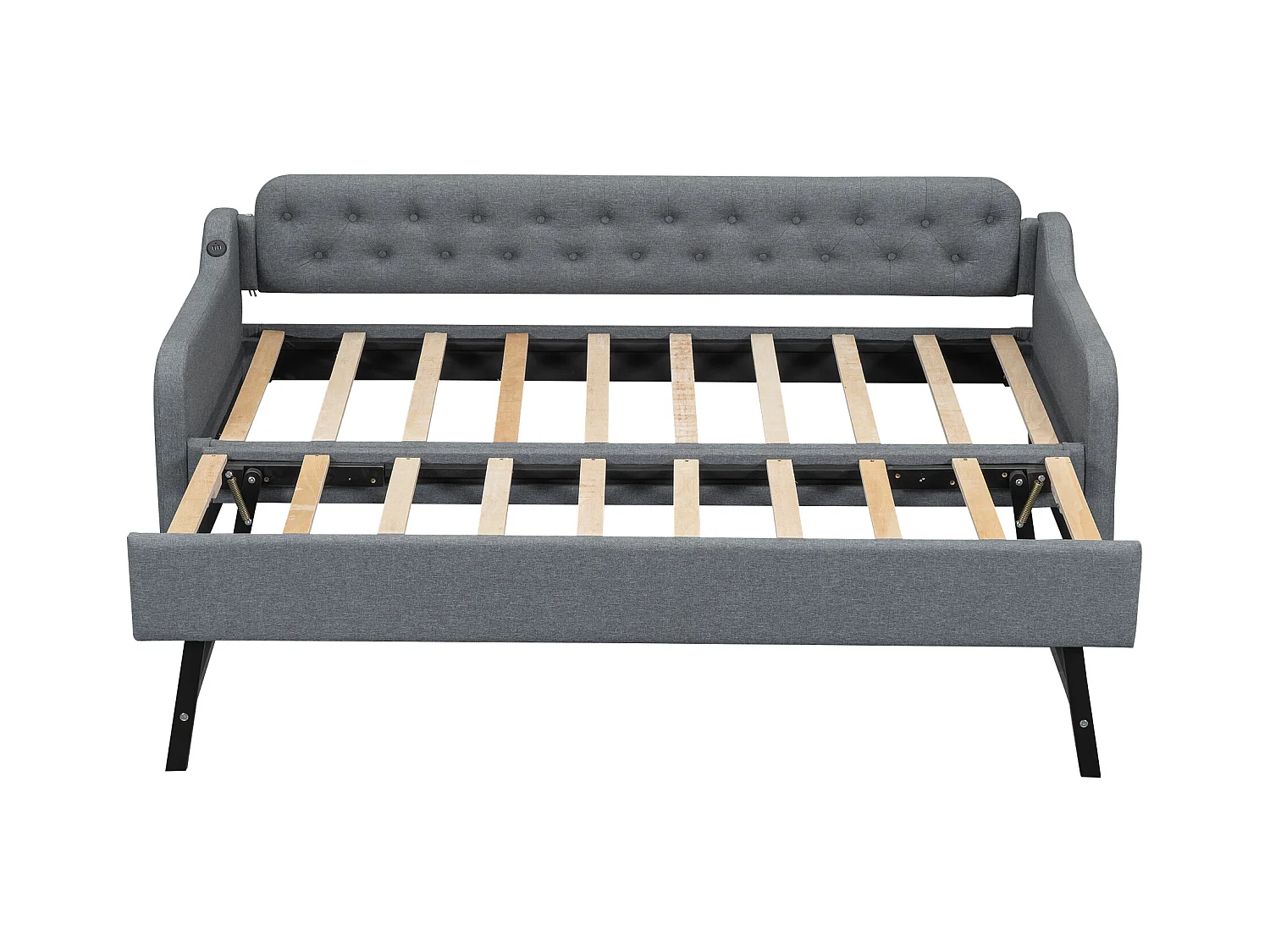 Lit gigogne 90x200 cm avec sommier - USB - lin - gris (sans matelas)
