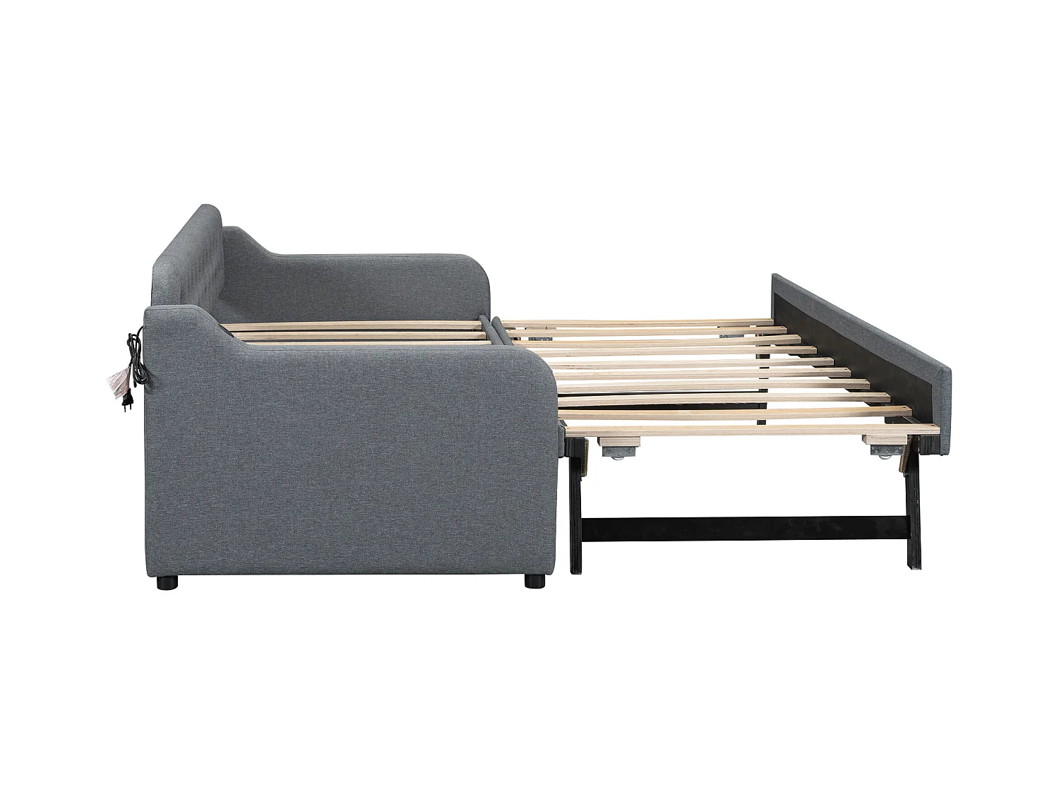 Lit gigogne 90x200 cm avec sommier - USB - lin - gris (sans matelas)