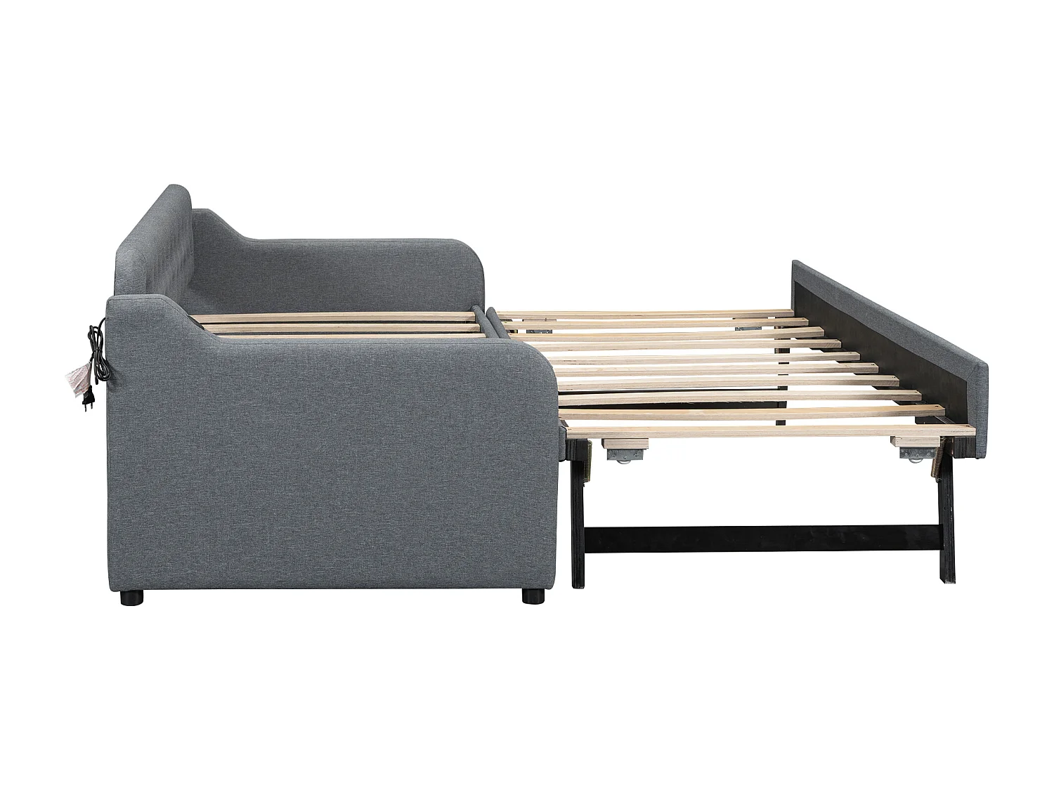 Lit gigogne 90x200 cm avec sommier - USB - lin - gris (sans matelas)