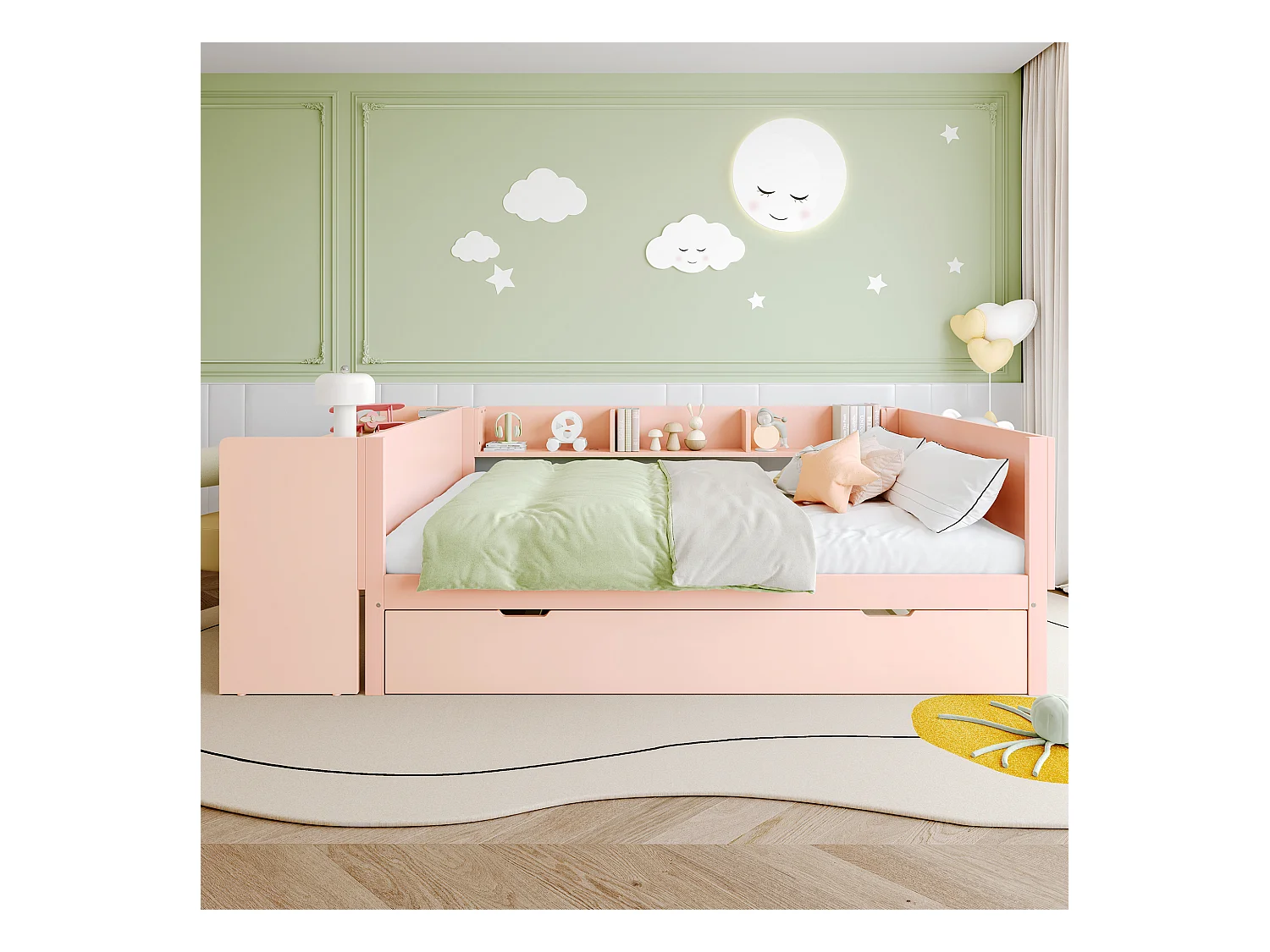 Lit gigogne 140x200 cm avec sommier - bureau et 3 étagères - Pin - rose (sans matelas)