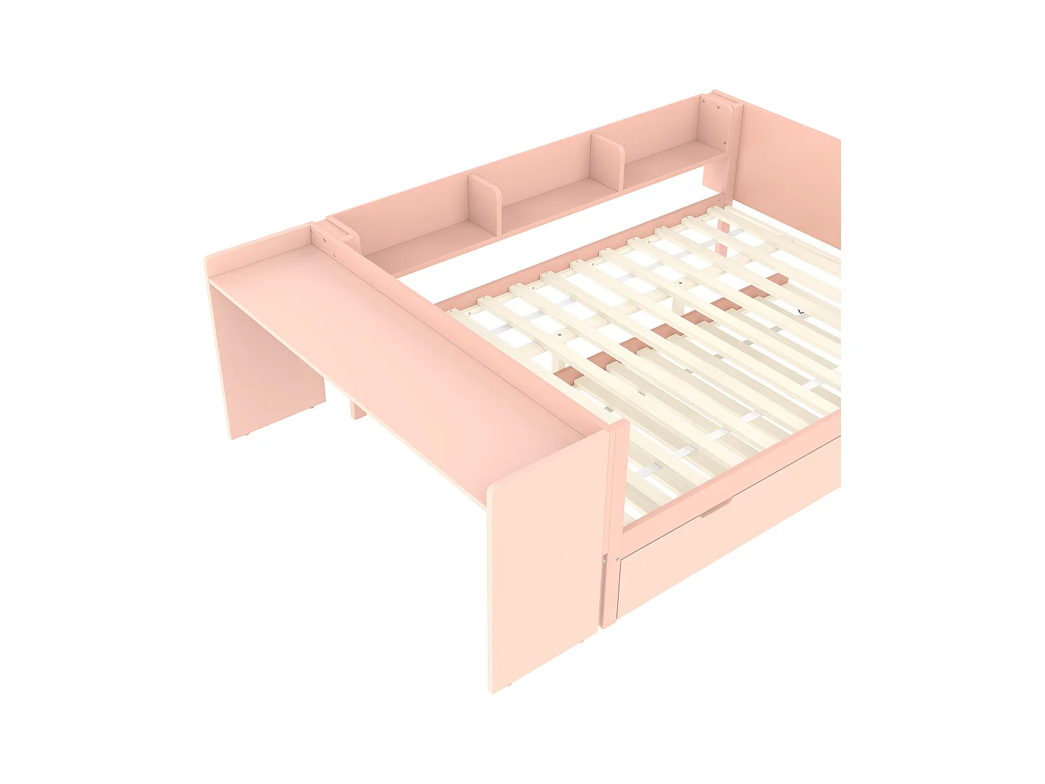 Lit gigogne 140x200 cm avec sommier - bureau et 3 étagères - Pin - rose (sans matelas)