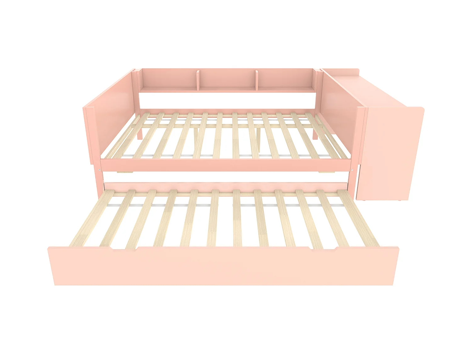 Lit gigogne 140x200 cm avec sommier - bureau et 3 étagères - Pin - rose (sans matelas)