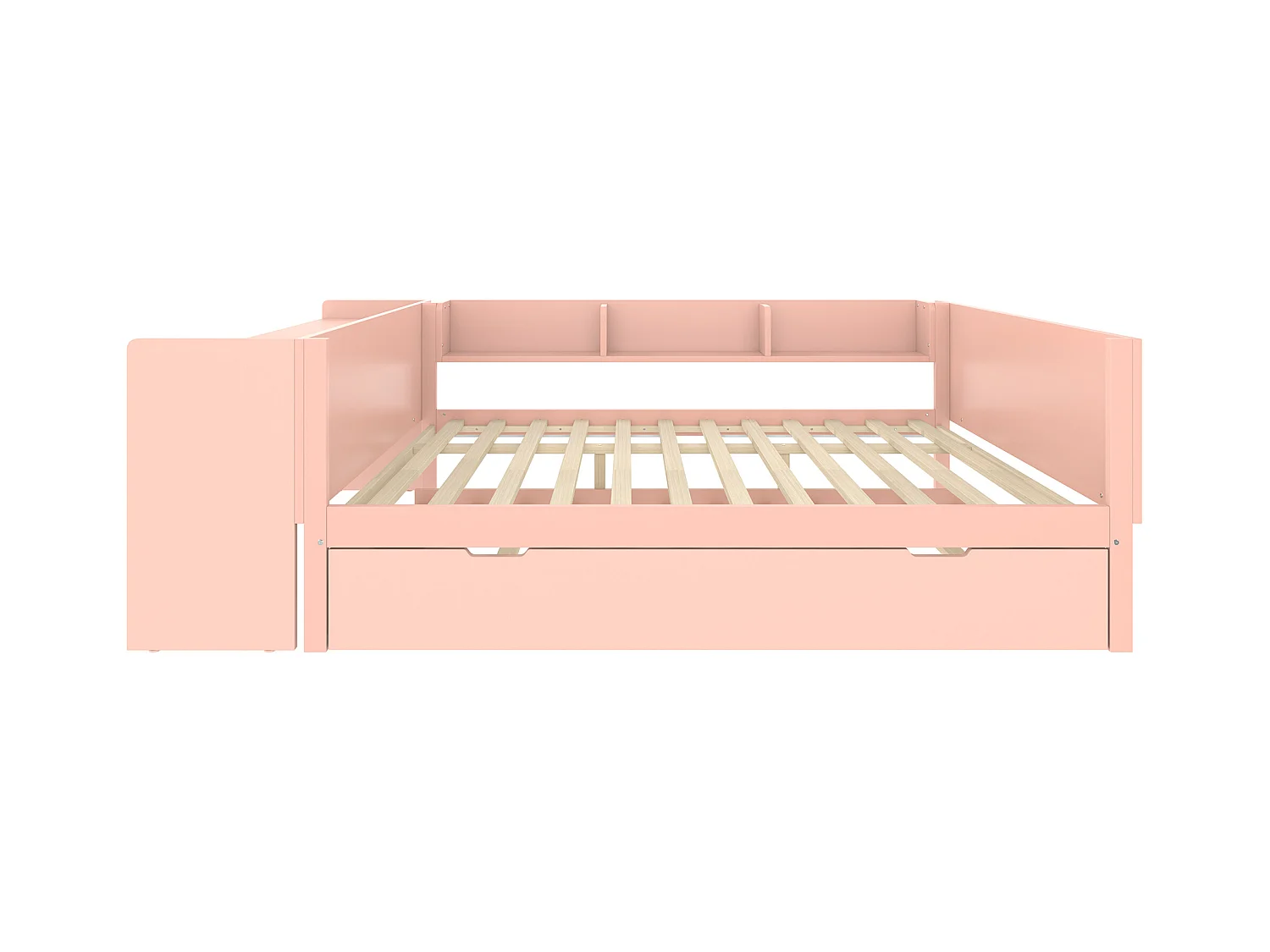 Lit gigogne 140x200 cm avec sommier - bureau et 3 étagères - Pin - rose (sans matelas)