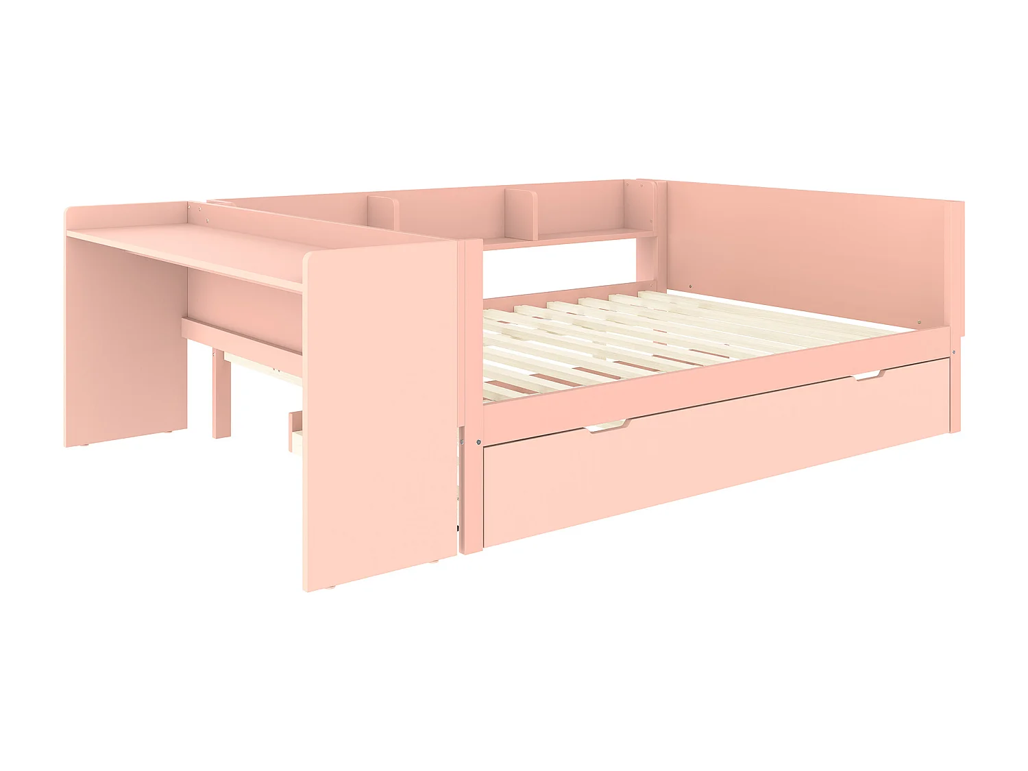 Lit gigogne 140x200 cm avec sommier - bureau et 3 étagères - Pin - rose (sans matelas)