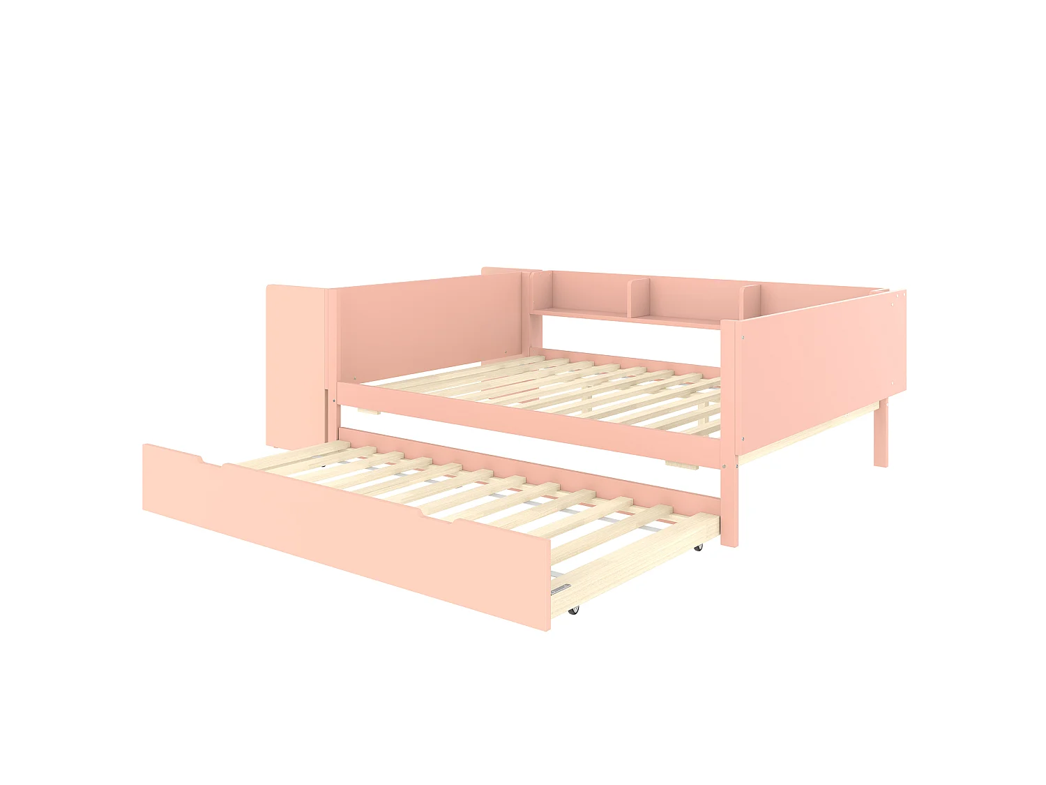 Lit gigogne 140x200 cm avec sommier - bureau et 3 étagères - Pin - rose (sans matelas)