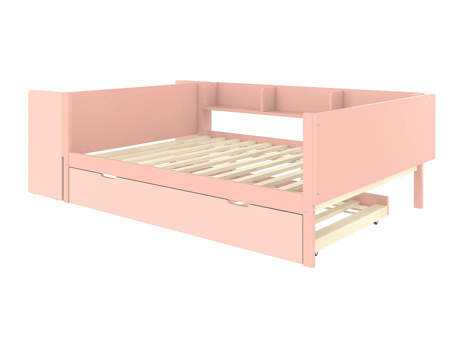 Lit gigogne 140x200 cm avec sommier - bureau et 3 étagères - Pin - rose (sans matelas)