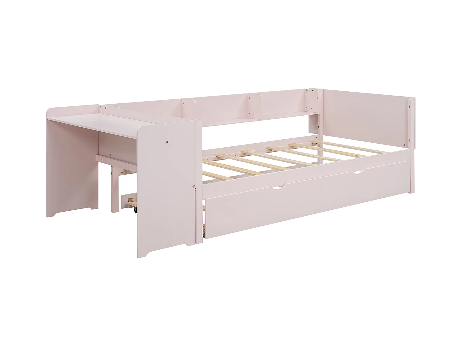 Lit gigogne 90x200 cm avec bureau et 3 étagères - Pin - rose (sans matelas)