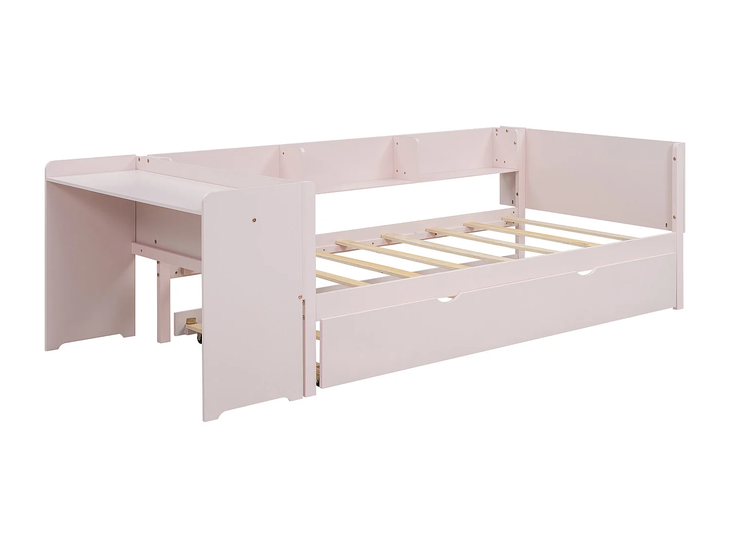 Lit gigogne 90x200 cm avec bureau et 3 étagères - Pin - rose (sans matelas)