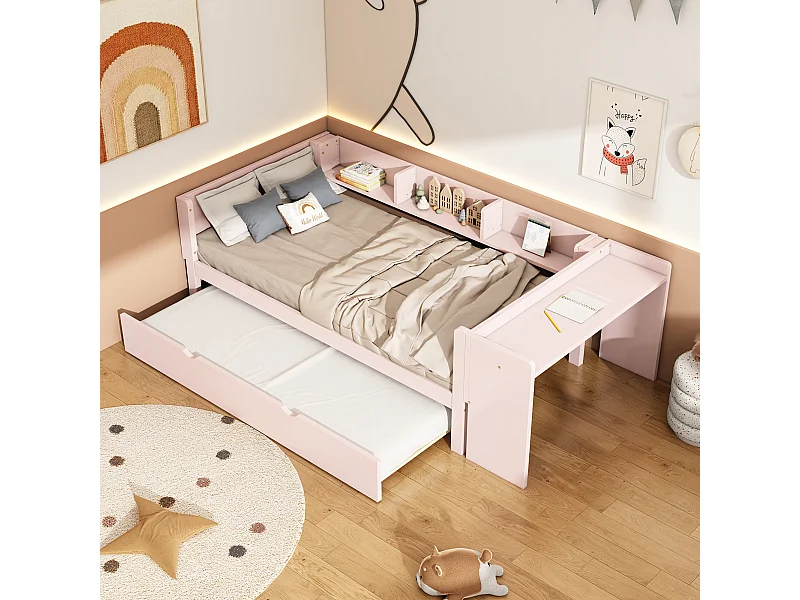 Kinderbed 90x200 cm met onderstel - bureau en 3 legplanken - hout - roze (zonder matras)