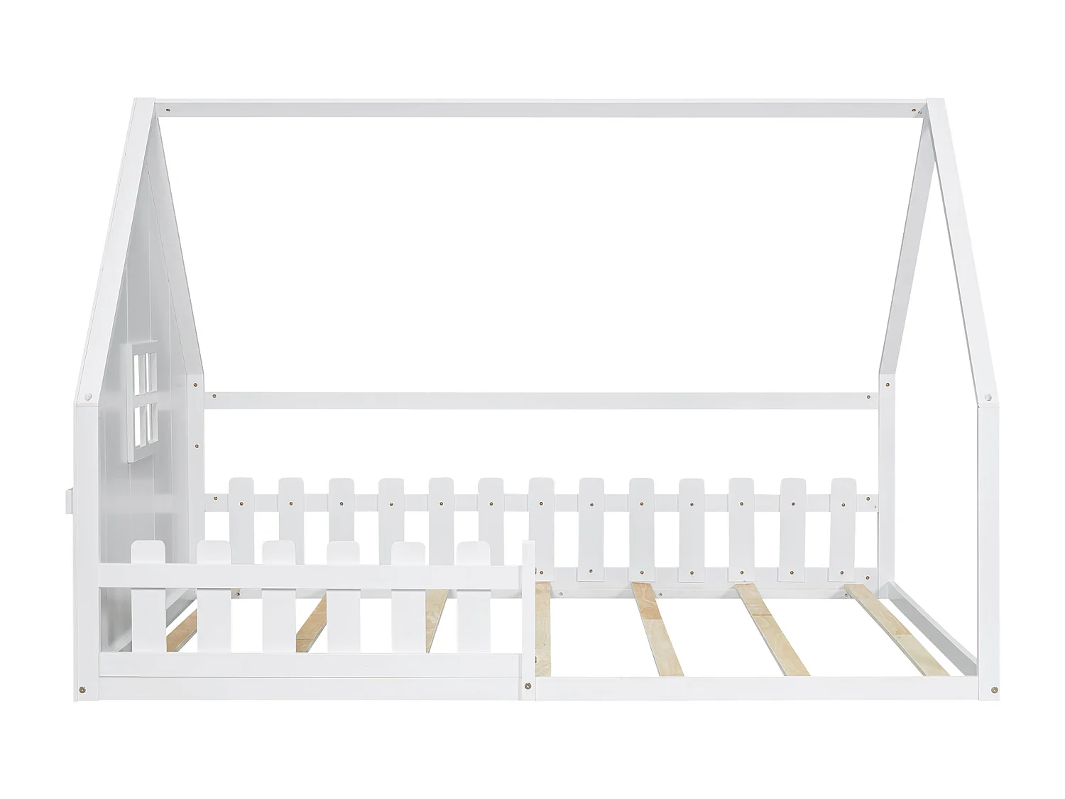 Lit cabane 140x200 cm avec sommier à lattes - avec barrière de protection - Pin - blanc (sans matelas)