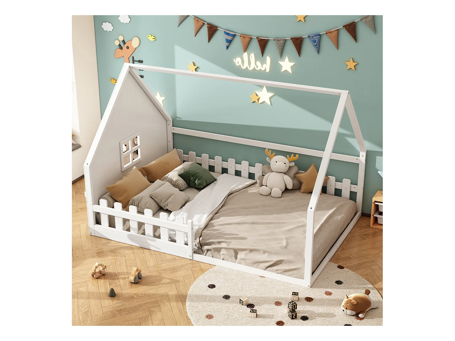 Lit cabane 140x200 cm avec sommier à lattes - avec barrière de protection - Pin - blanc (sans matelas)
