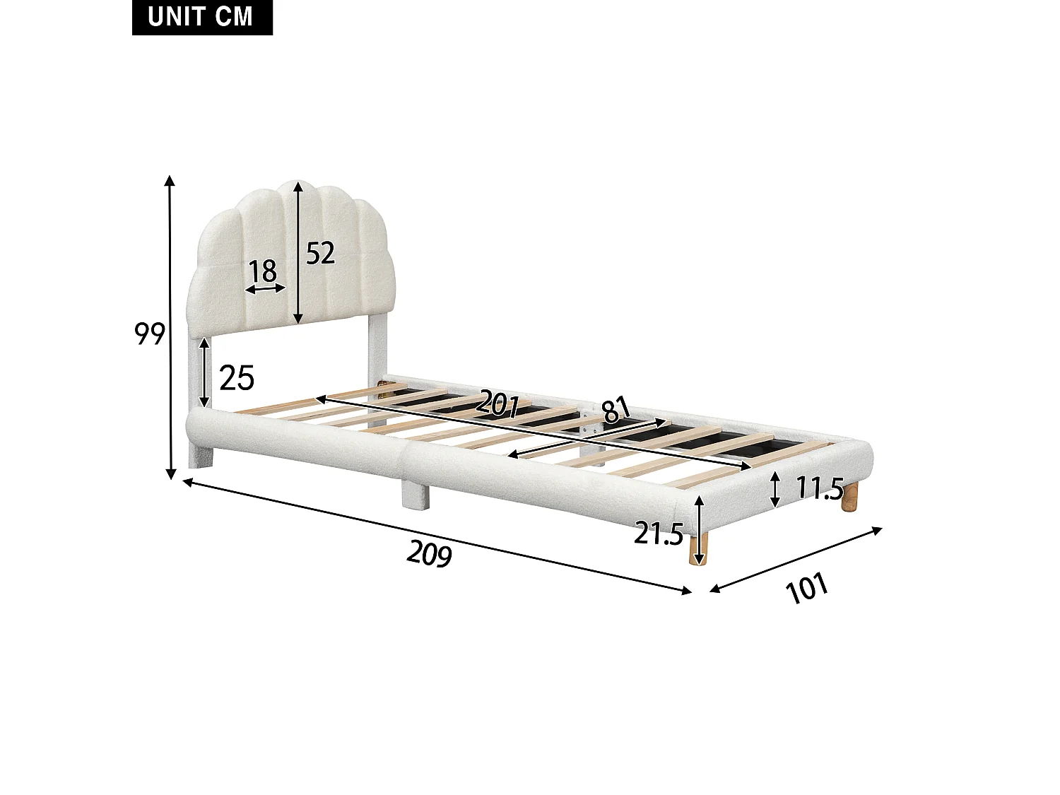 Lit enfant 90x200 cm avec sommier à lattes en - lit simple - bois- blanc (sans matelas)