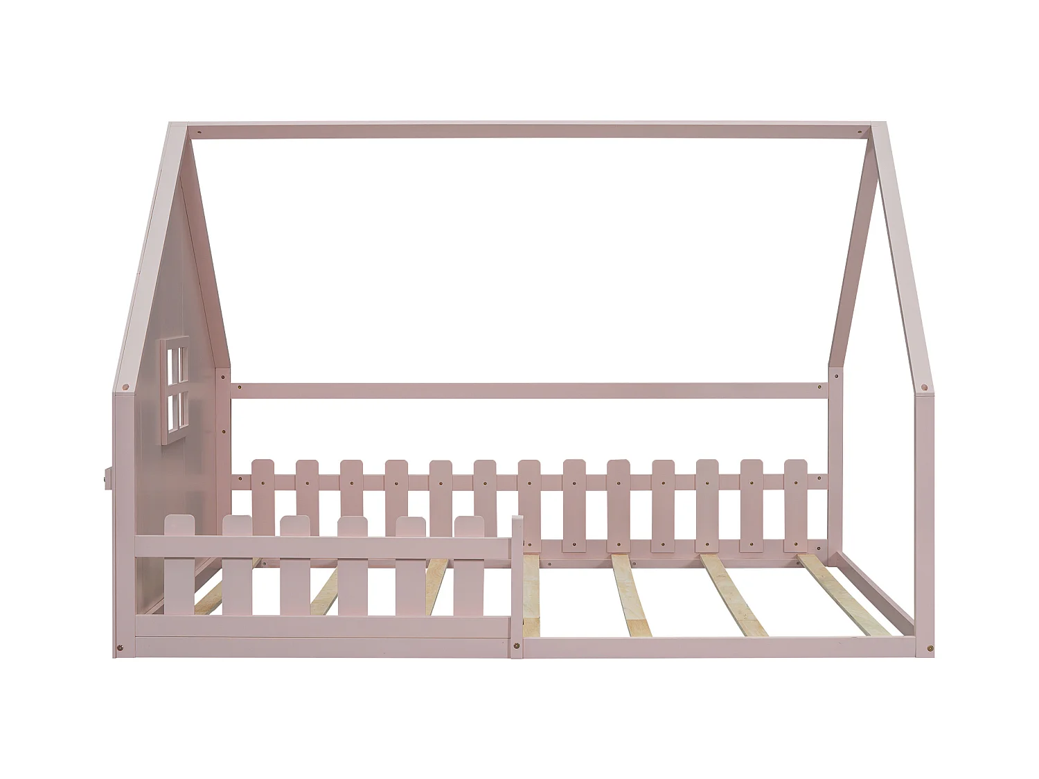 Lit cabane 140x200 cm avec sommier à lattes - avec barrière de protection - Pin - rose (sans matelas)