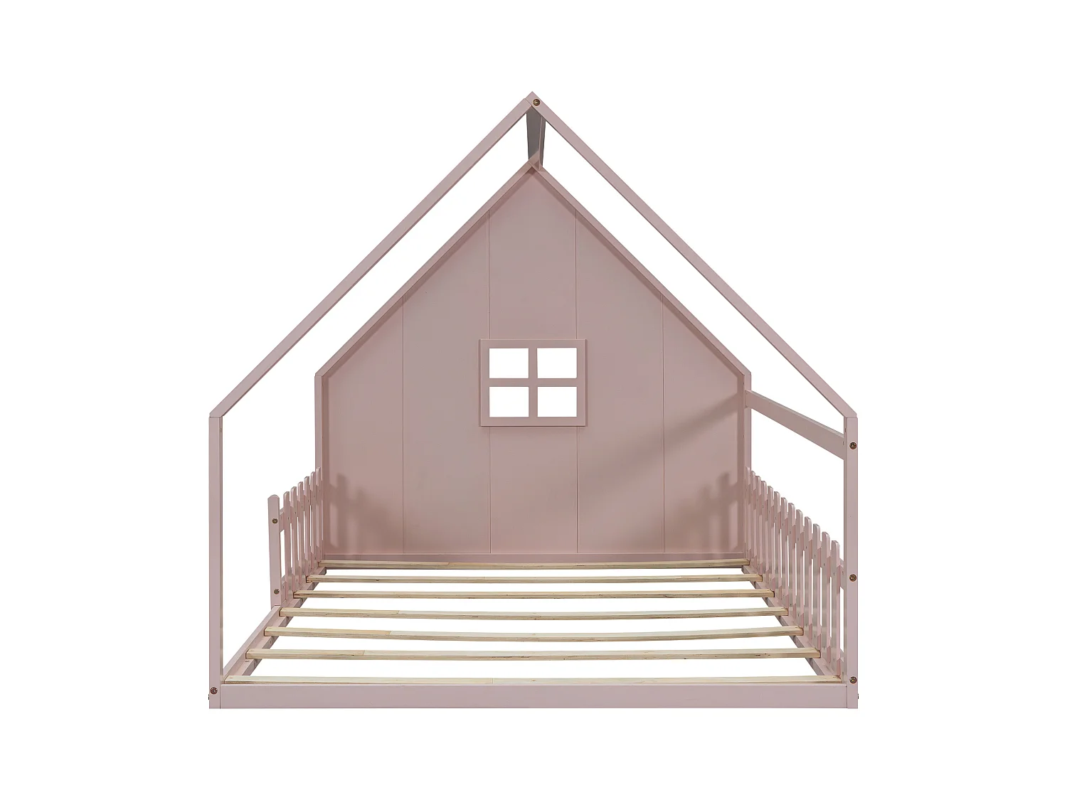 Lit cabane 140x200 cm avec sommier à lattes - avec barrière de protection - Pin - rose (sans matelas)