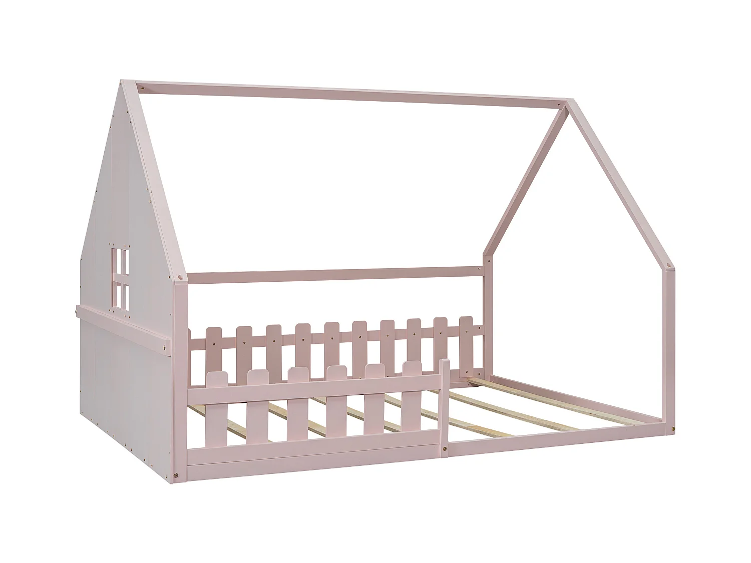 Lit cabane 140x200 cm avec sommier à lattes - avec barrière de protection - Pin - rose (sans matelas)