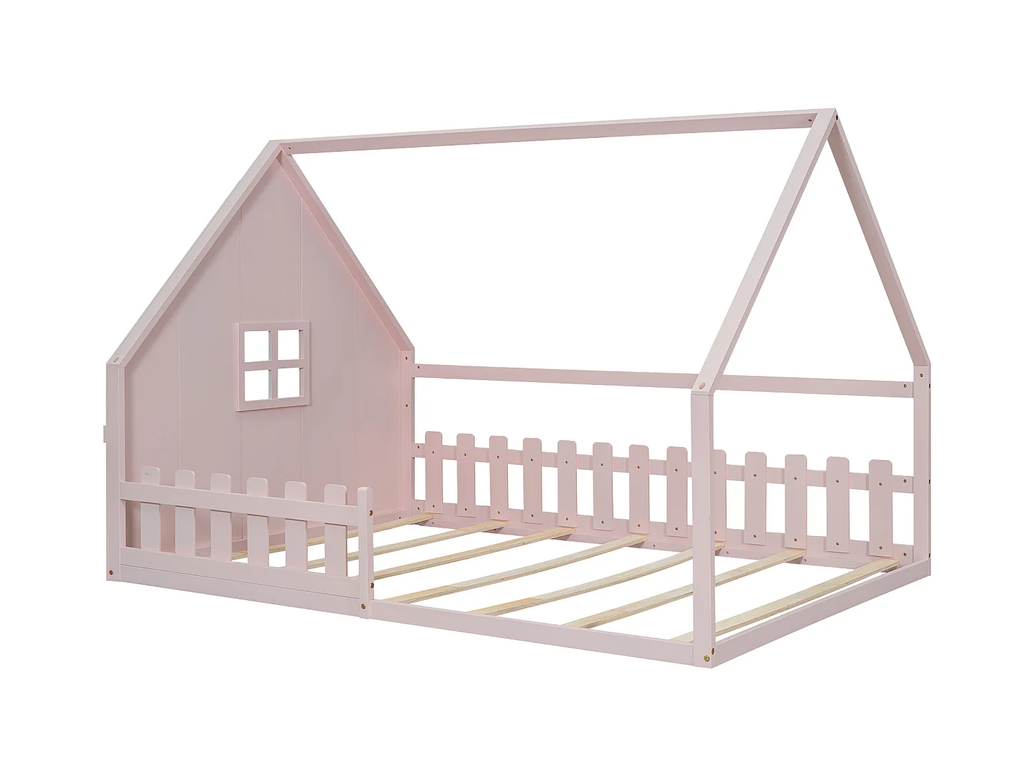 Lit cabane 140x200 cm avec sommier à lattes - avec barrière de protection - Pin - rose (sans matelas)