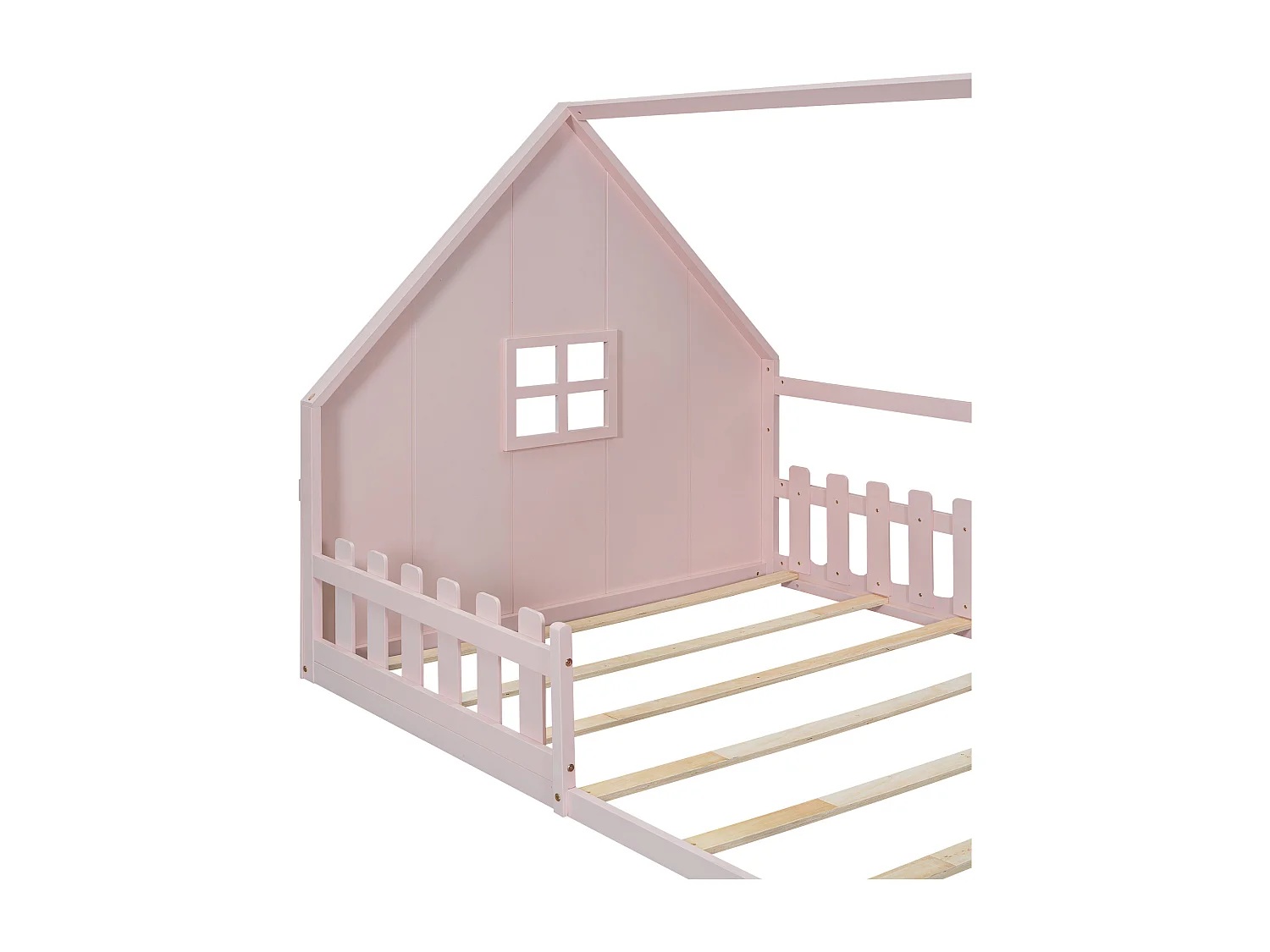 Lit cabane 140x200 cm avec sommier à lattes - avec barrière de protection - Pin - rose (sans matelas)