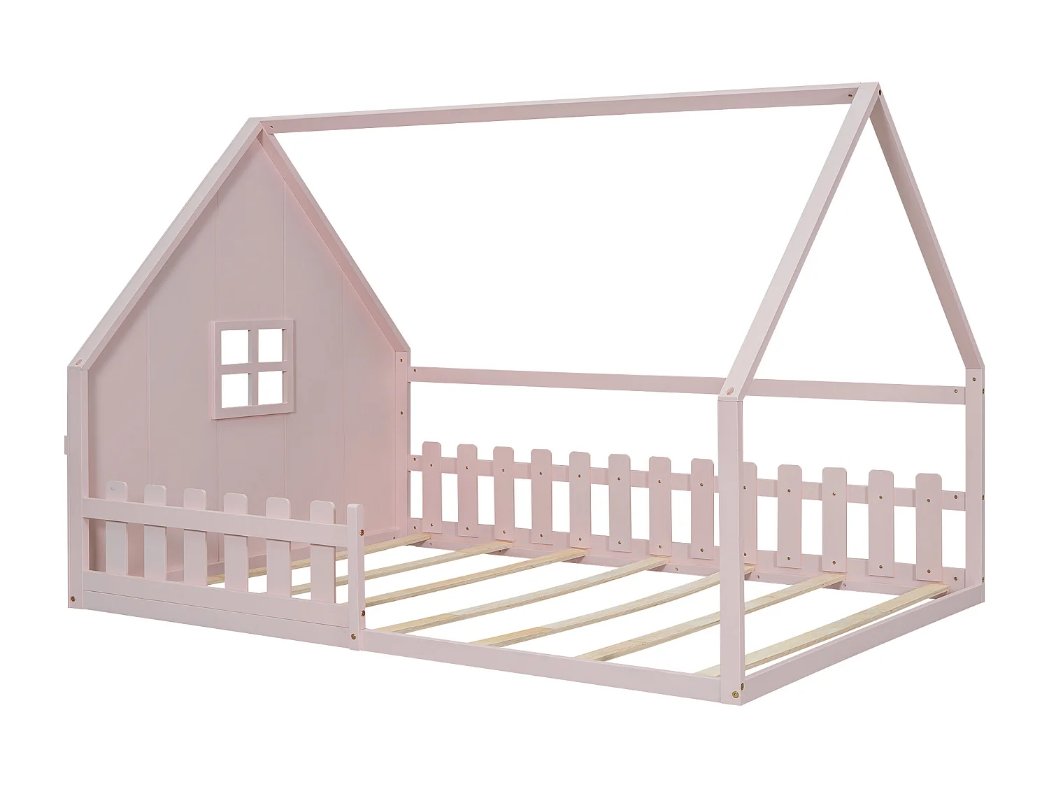 Lit cabane 140x200 cm avec sommier à lattes - avec barrière de protection - Pin - rose (sans matelas)