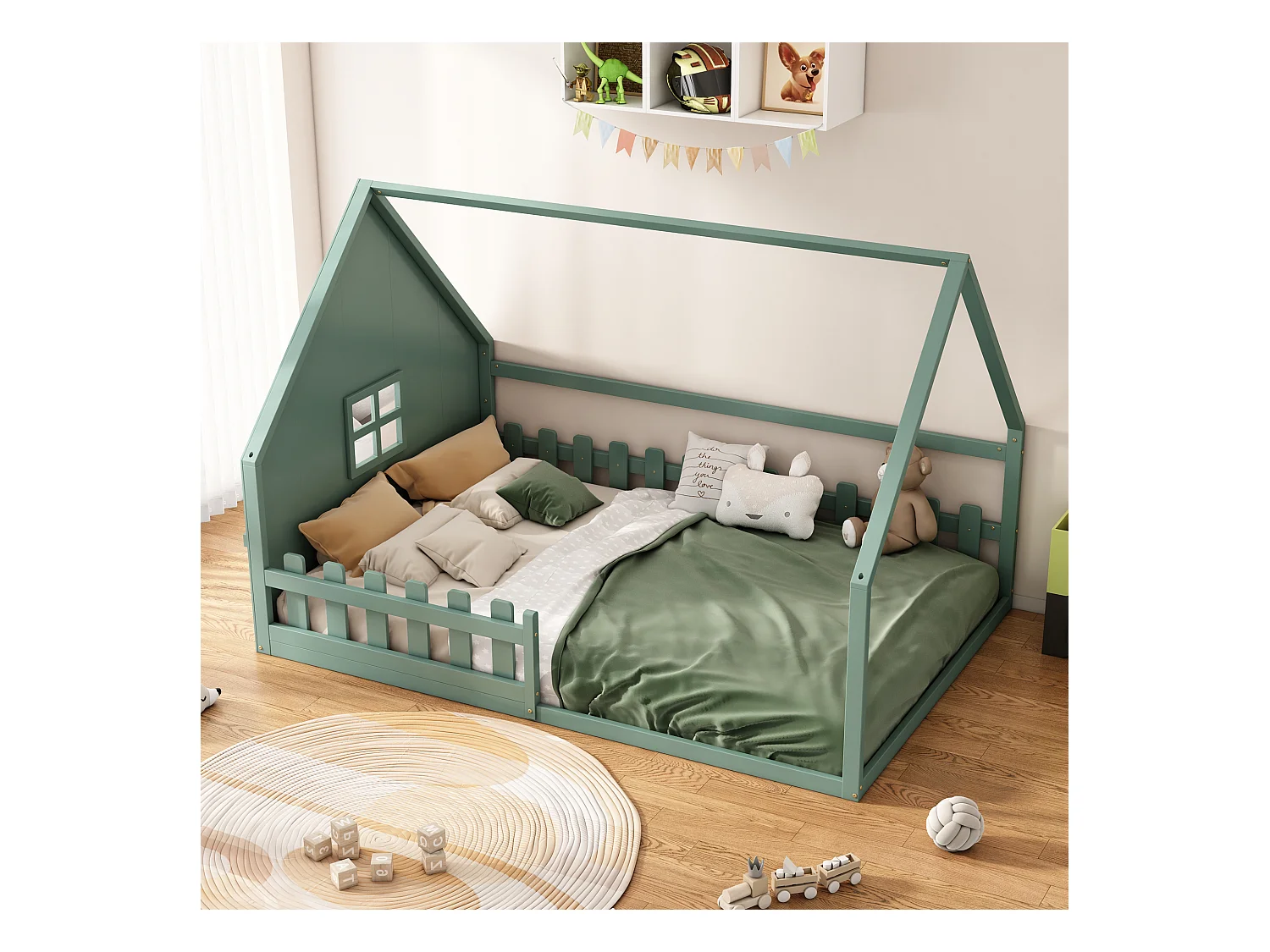Lit cabane 140x200 cm avec sommier à lattes - avec barrière de protection - Pin - vert (sans matelas)
