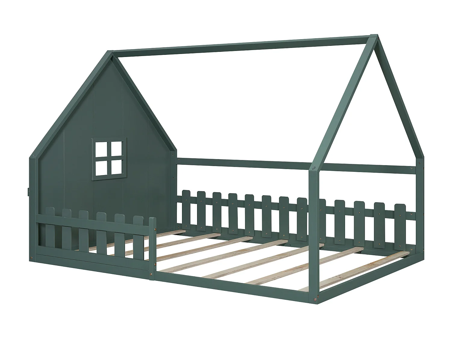 Lit cabane 140x200 cm avec sommier à lattes - avec barrière de protection - Pin - vert (sans matelas)