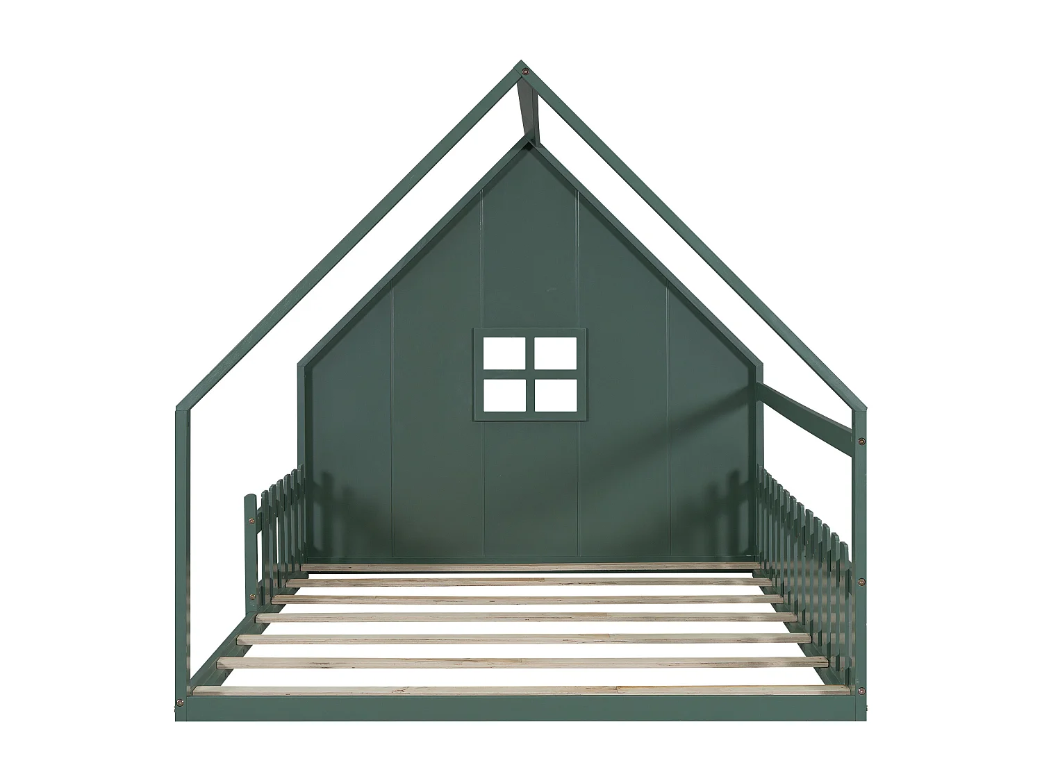 Lit cabane 140x200 cm avec sommier à lattes - avec barrière de protection - Pin - vert (sans matelas)