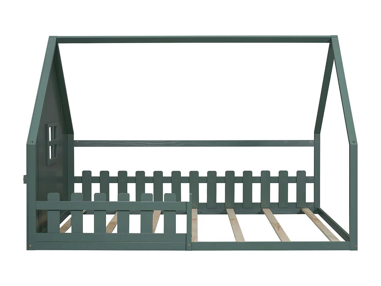 Lit cabane 140x200 cm avec sommier à lattes - avec barrière de protection - Pin - vert (sans matelas)