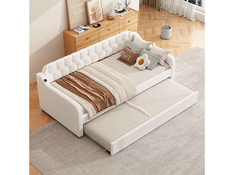 Lit gigogne 90x200 cm avec sommier - tête de lit capitonnée et USB - lin - beige (sans matelas)