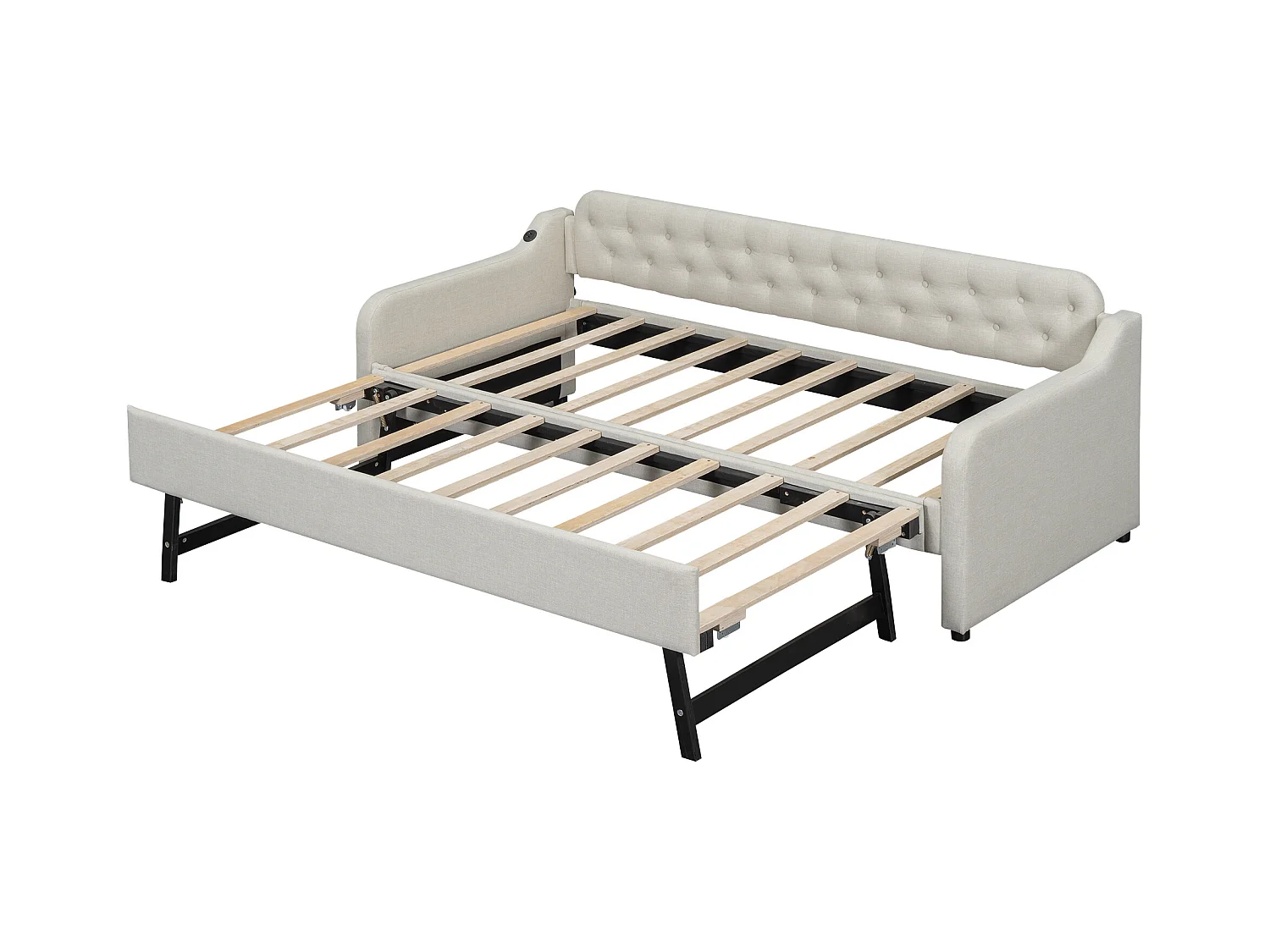 Slaapbank 90x200 cm met lattenbodem - gestoffeerd hoofdbord en USB - linnen - beige (zonder matras)