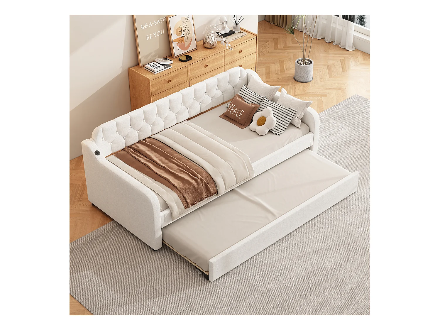 Lit gigogne 90x200 cm avec sommier - tête de lit capitonnée et USB - lin - beige (sans matelas)