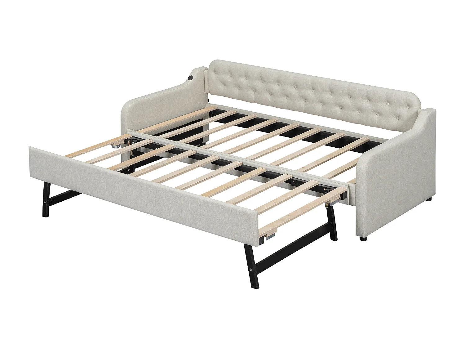 Lit gigogne 90x200 cm avec sommier - tête de lit capitonnée et USB - lin - beige (sans matelas)