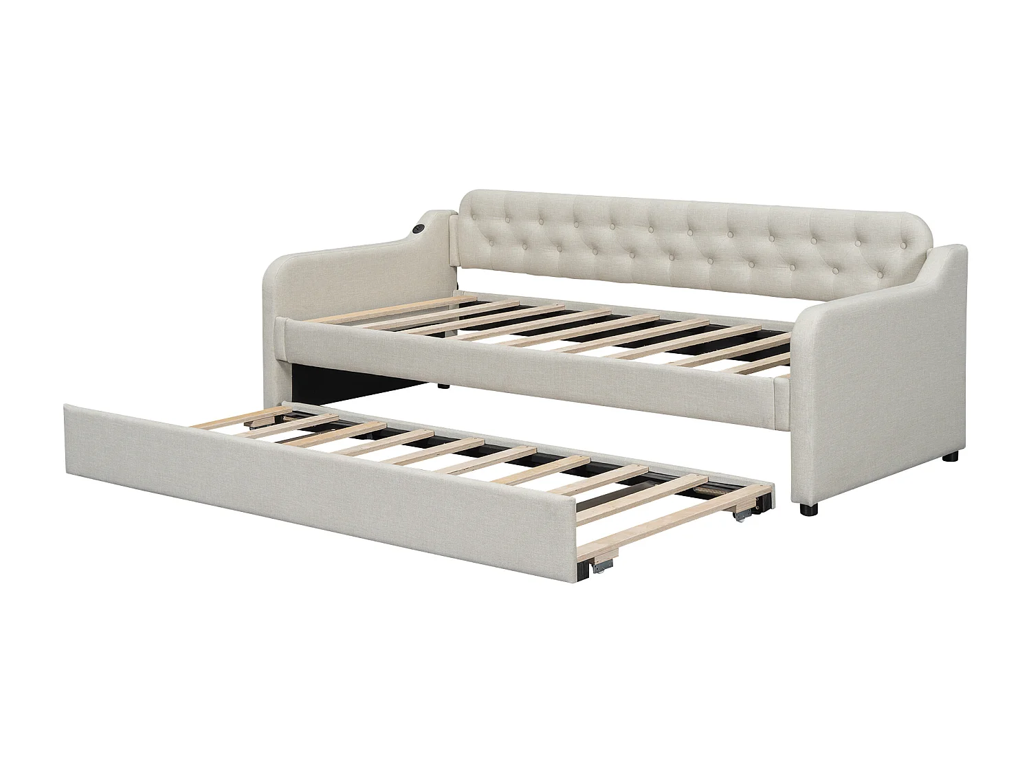 Lit gigogne 90x200 cm avec sommier - tête de lit capitonnée et USB - lin - beige (sans matelas)