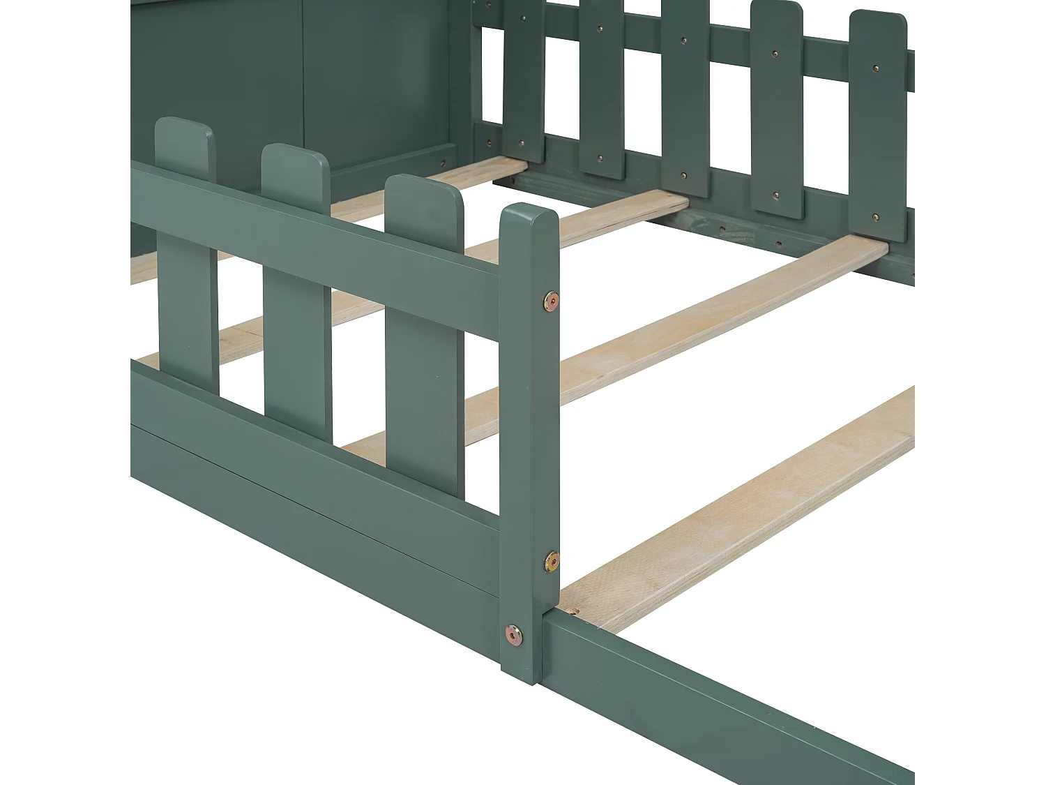 Lit cabane 90x200 cm avec sommier à lattes - avec barrière de protection - Pin - vert (sans matelas)