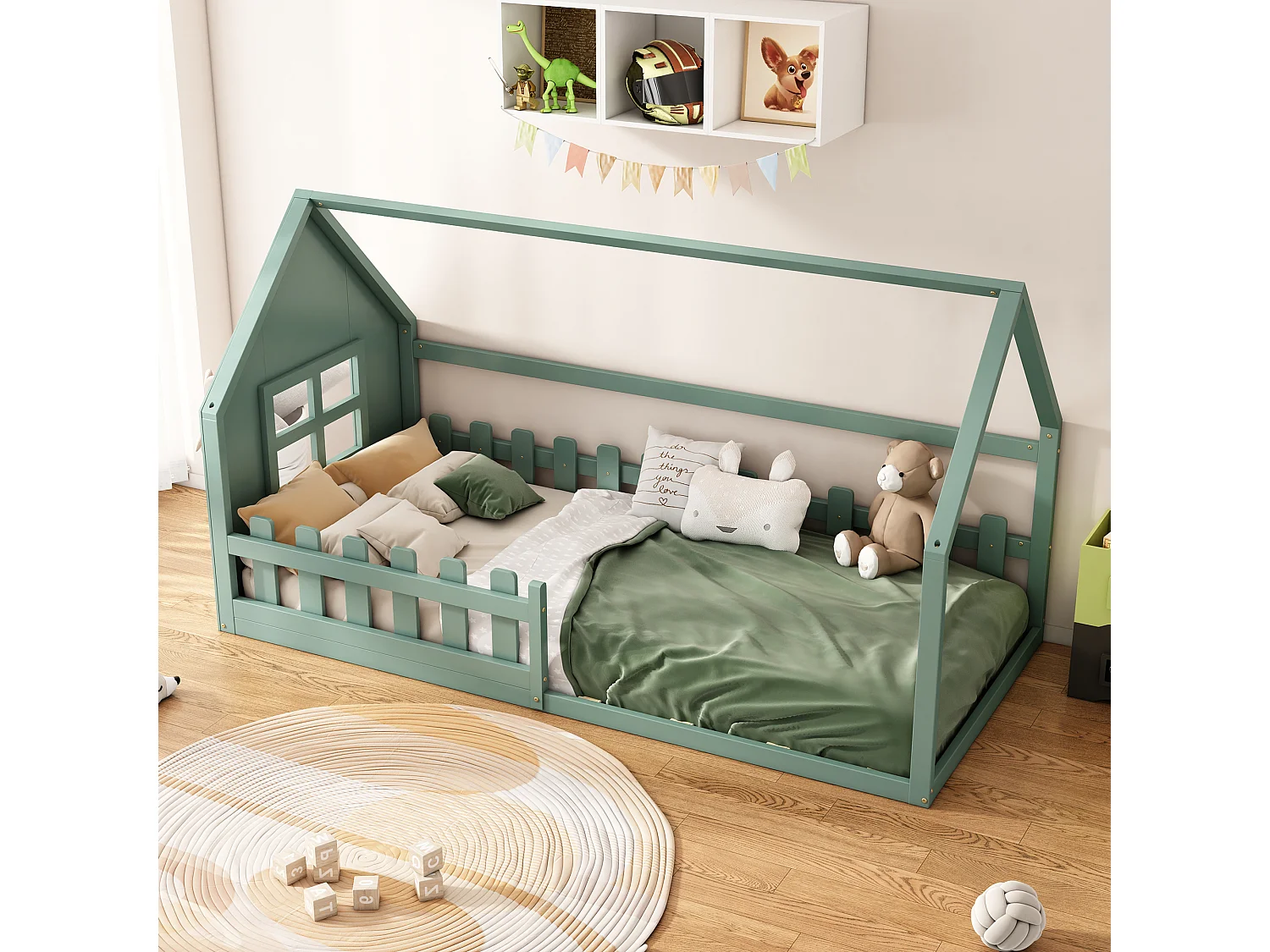 Lit cabane 90x200 cm avec sommier à lattes - avec barrière de protection - Pin - vert (sans matelas)